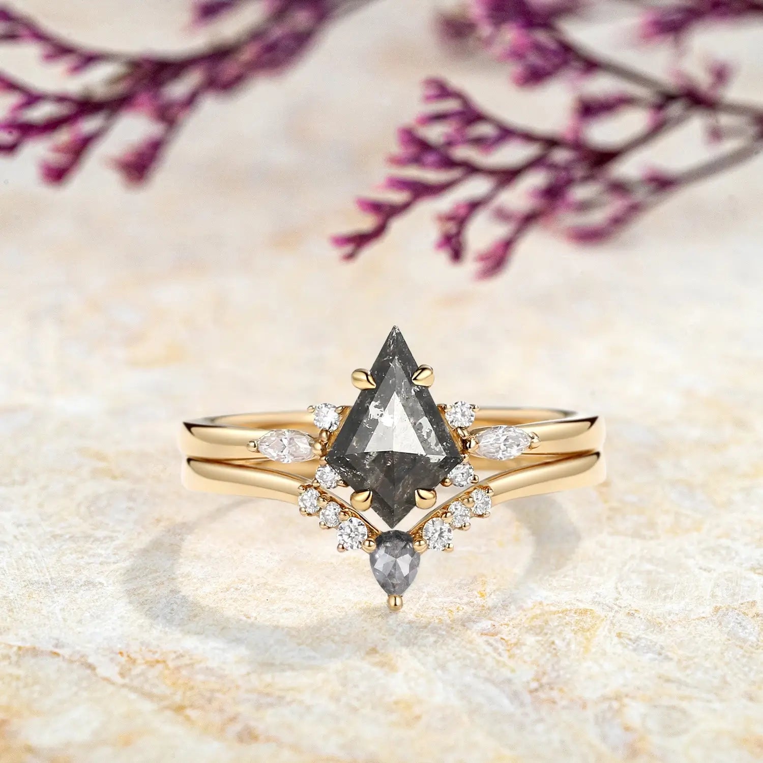 Kite Salt & Pepper Diamond Engagement Ring Set | Custom Gold Rings