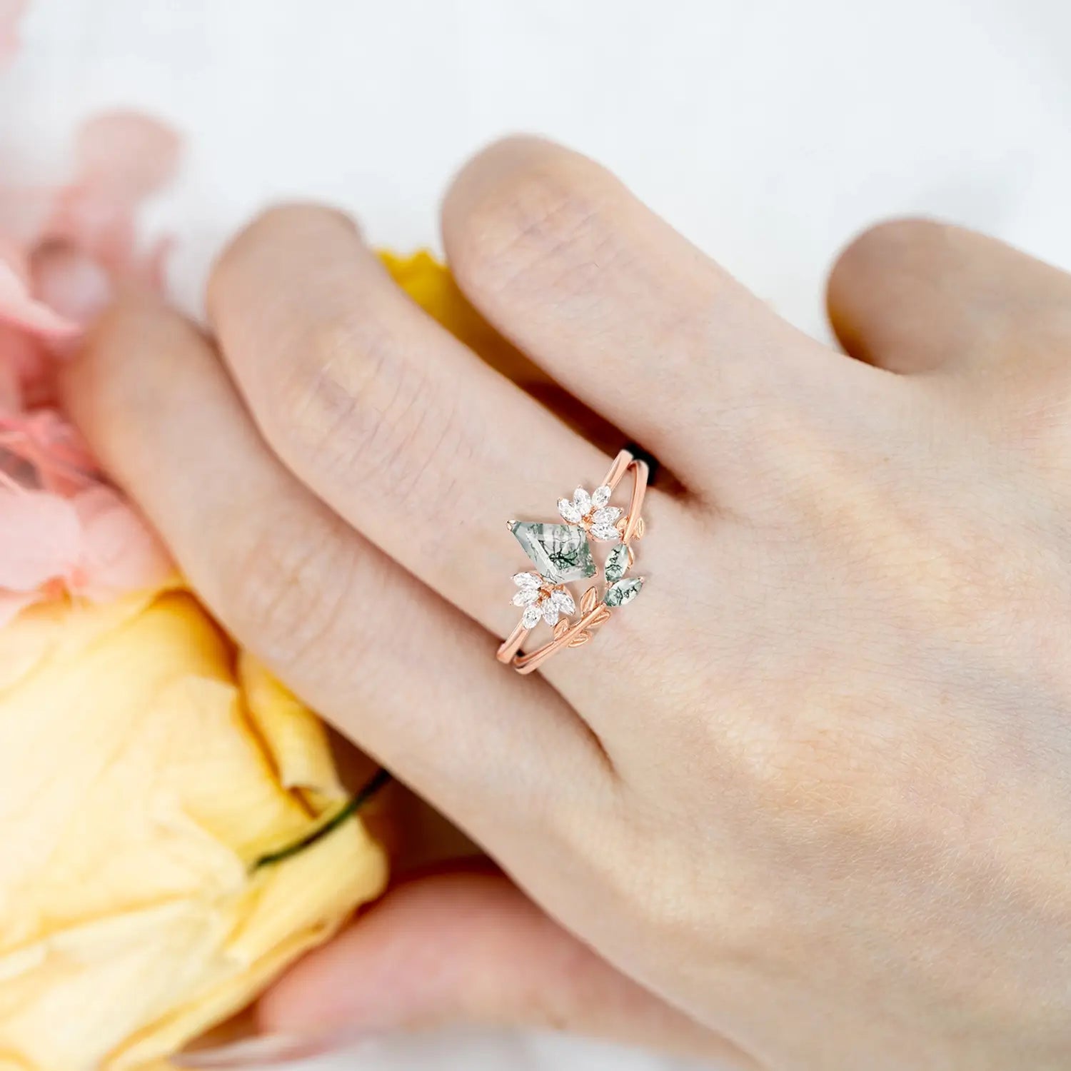 Fairy Ring – Moss Agate Leafy Forest Elves Engagement Ring Set 2pcs orleone custom promise ring for ladies