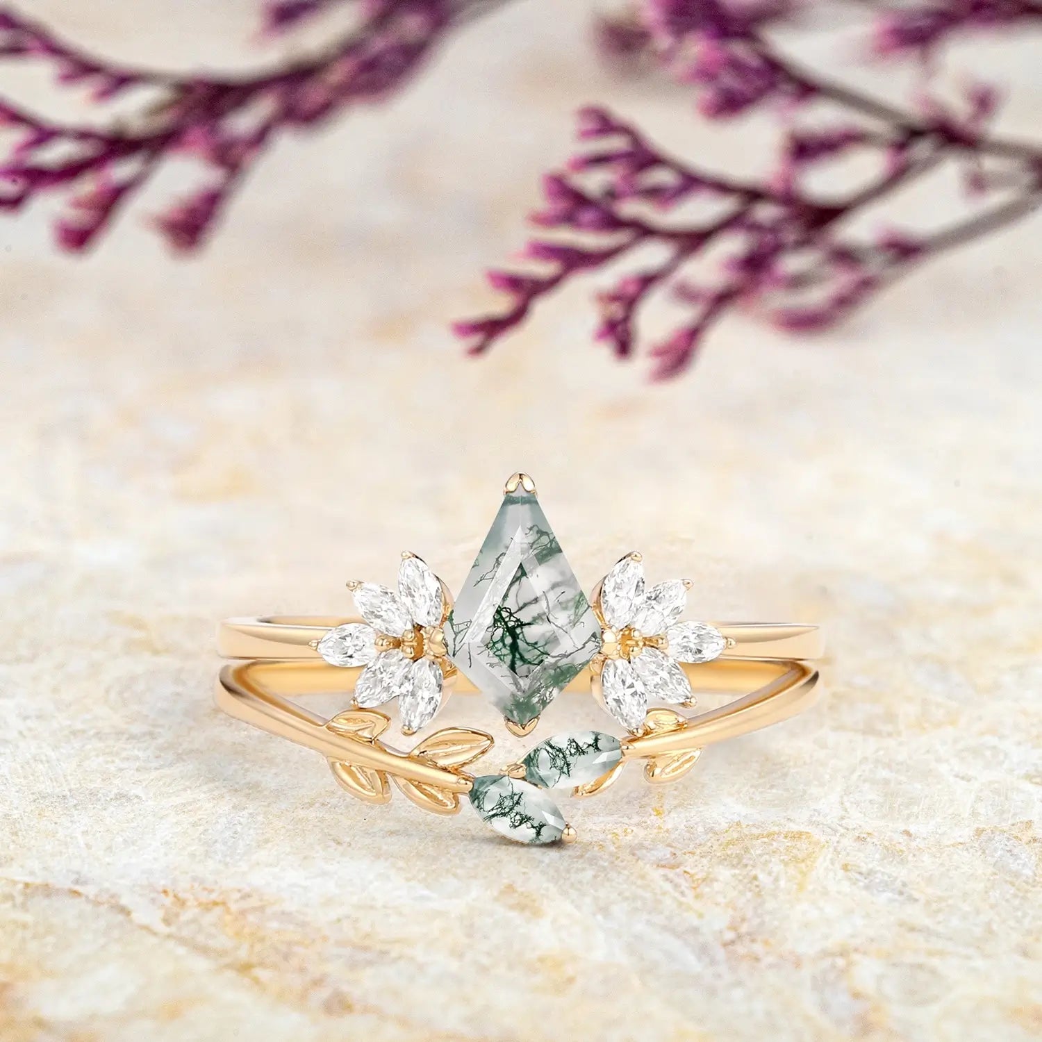 Fairy Ring – Moss Agate Leafy Forest Elves Engagement Ring Set 2pcs orleone