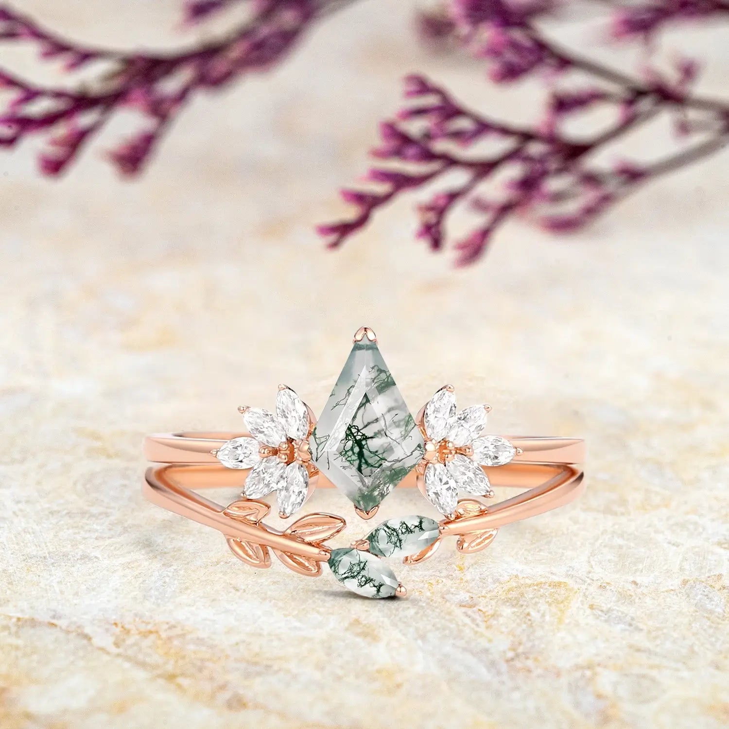 Fairy Ring – Moss Agate Leafy Forest Elves Engagement Ring Set 2pcs orleone custom promise ring for ladies