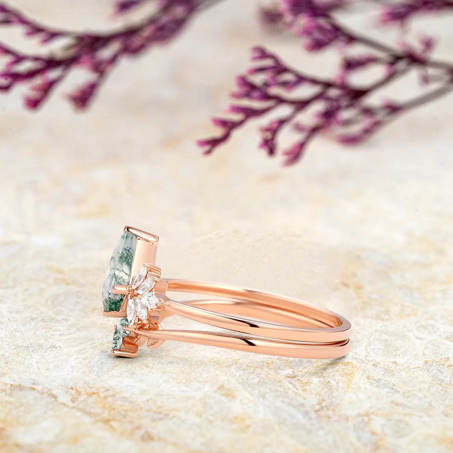 Fairy Ring – Moss Agate Leafy Forest Elves Engagement Ring Set 2pcs orleone custom promise ring for ladies