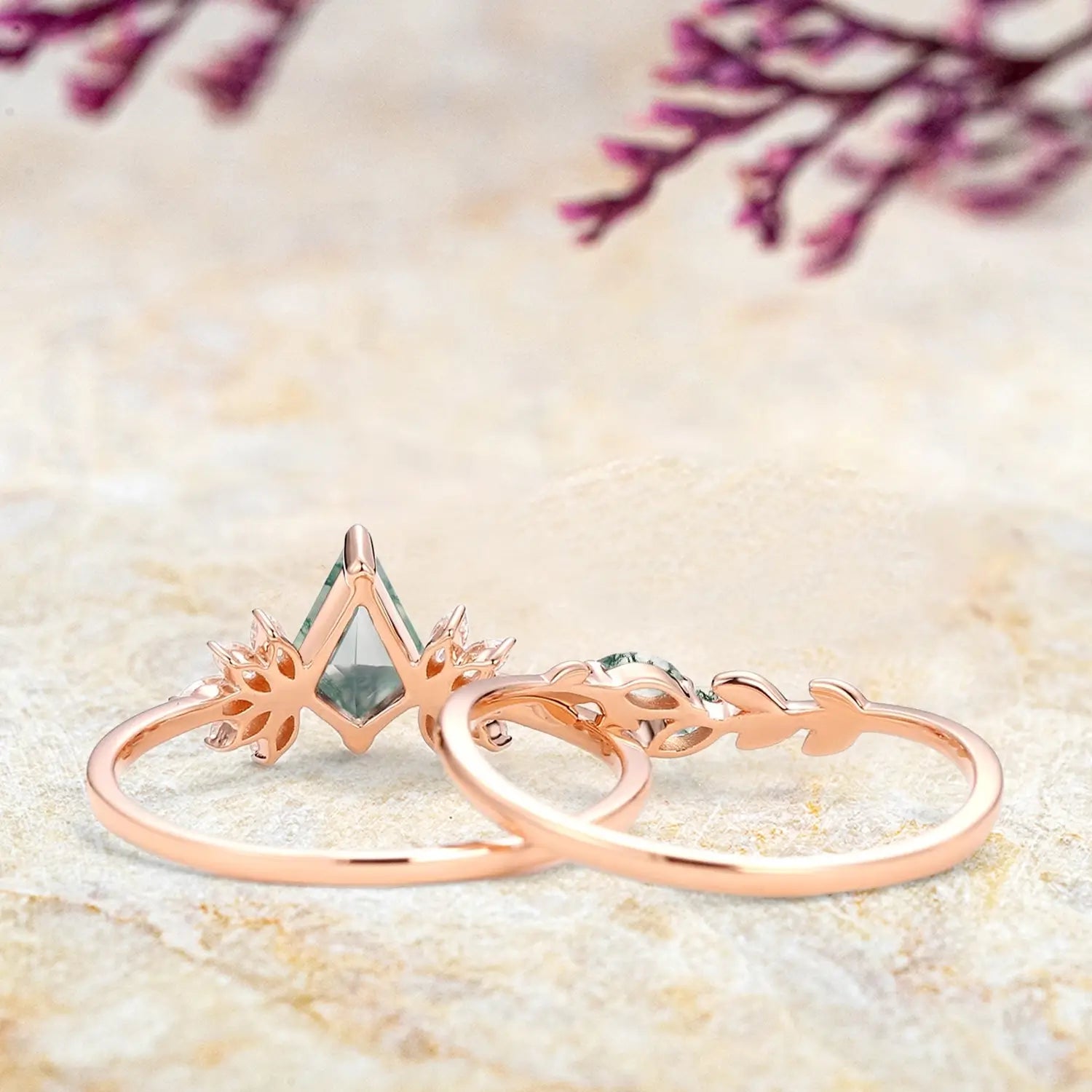Fairy Ring – Moss Agate Leafy Forest Elves Engagement Ring Set 2pcs orleone custom promise ring for ladies