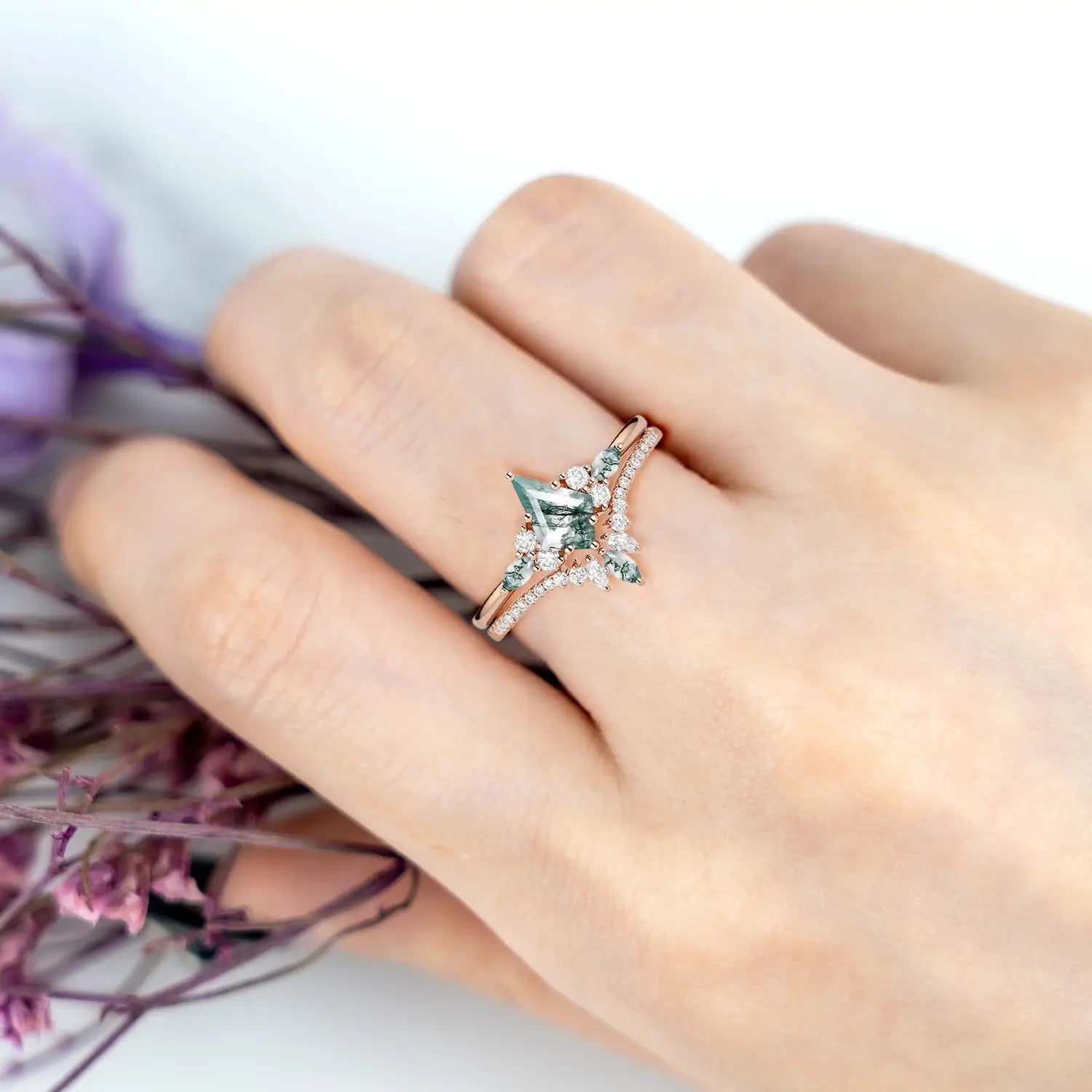 Kite-Cut Moss Agate Cluster Engagement Ring Set –  Bridal Design white gold ring for women promise gift