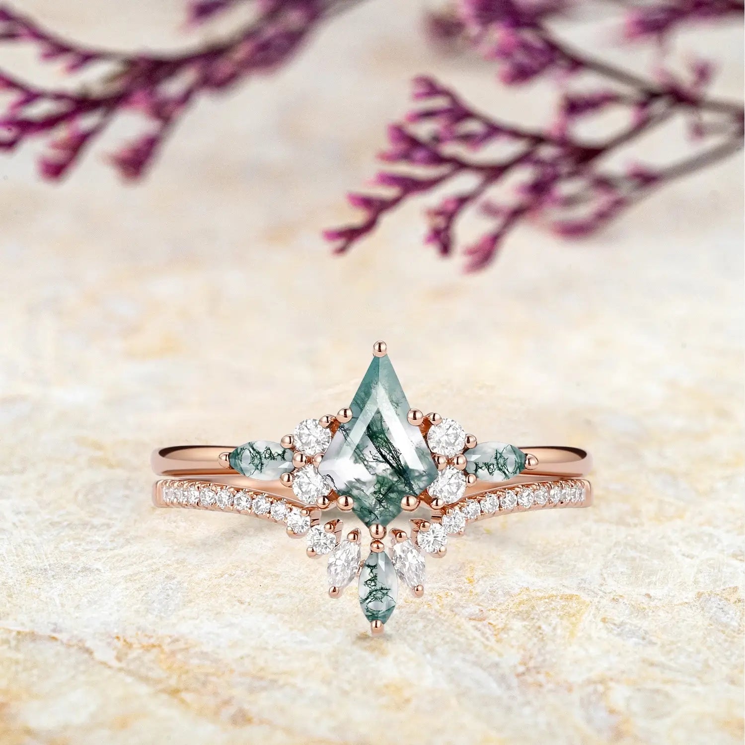 Kite-Cut Moss Agate Cluster Engagement Ring Set – Bridal Design rose gold ring for women promise gift