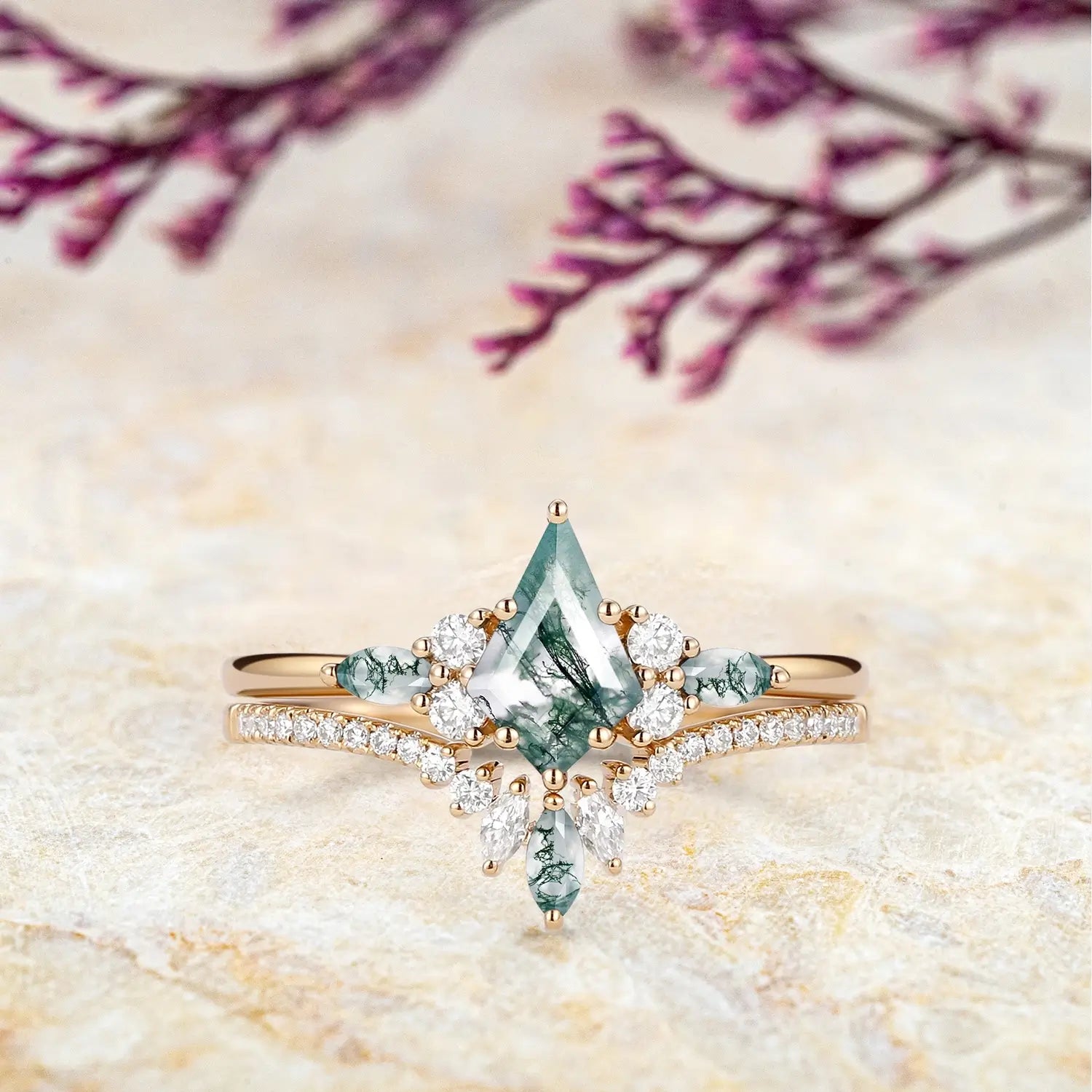 Kite-Cut Moss Agate Cluster Engagement Ring Set – Bridal Design yellow gold ring for women promise gift
