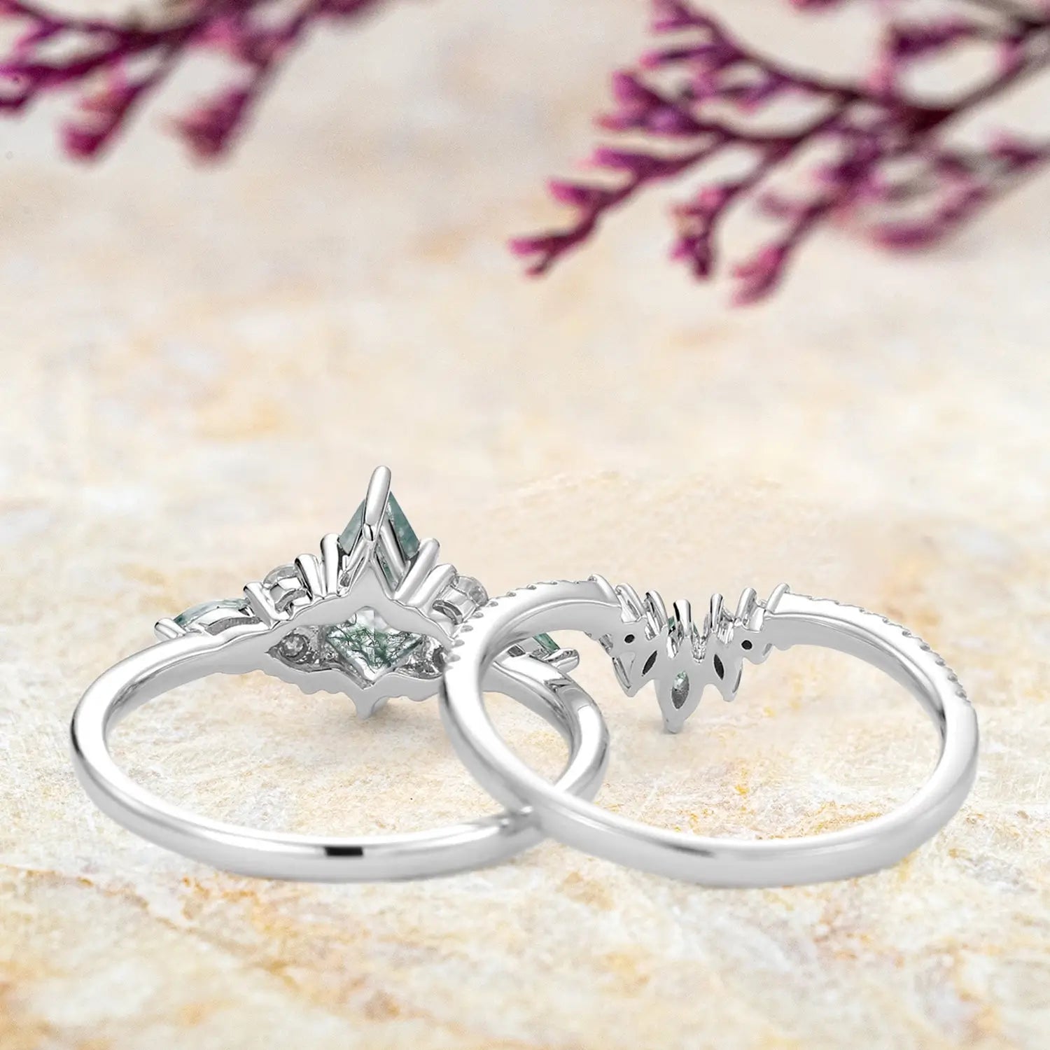 Kite-Cut Moss Agate Cluster Engagement Ring Set – Bridal Design white gold ring for women promise gift