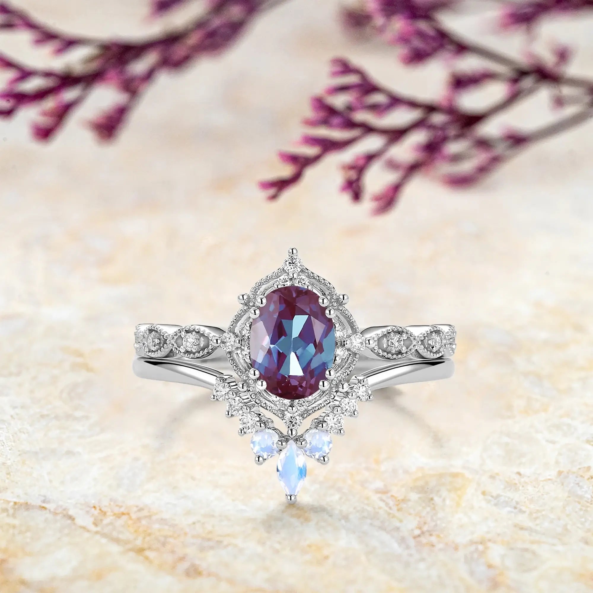 Lira lab alexandrite engagement ring set 6x8mm oval alexandrite with moonstone and moissanite accents in 14k rose gold