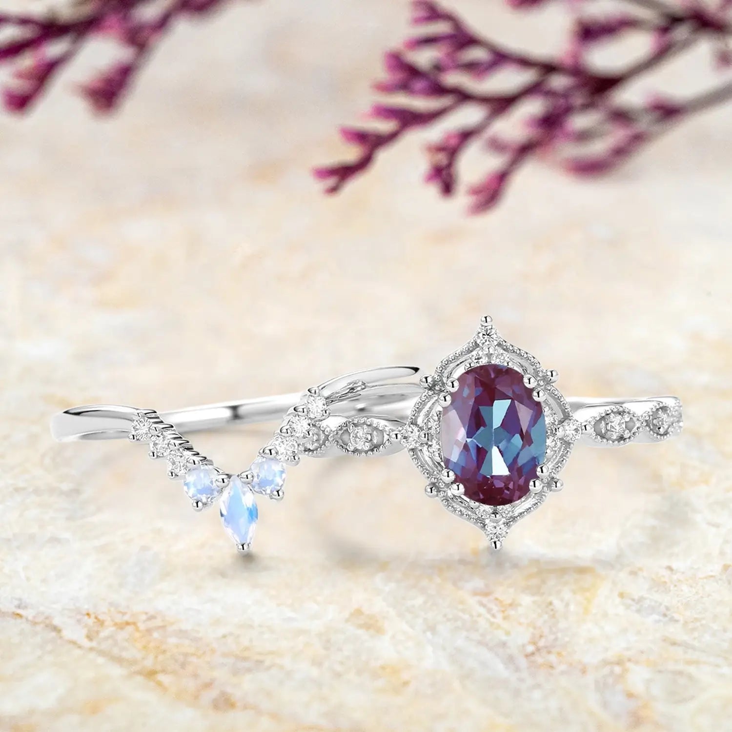 June birthstone alexandrite moonstone bridal ring custom size heirloom 2pcs
