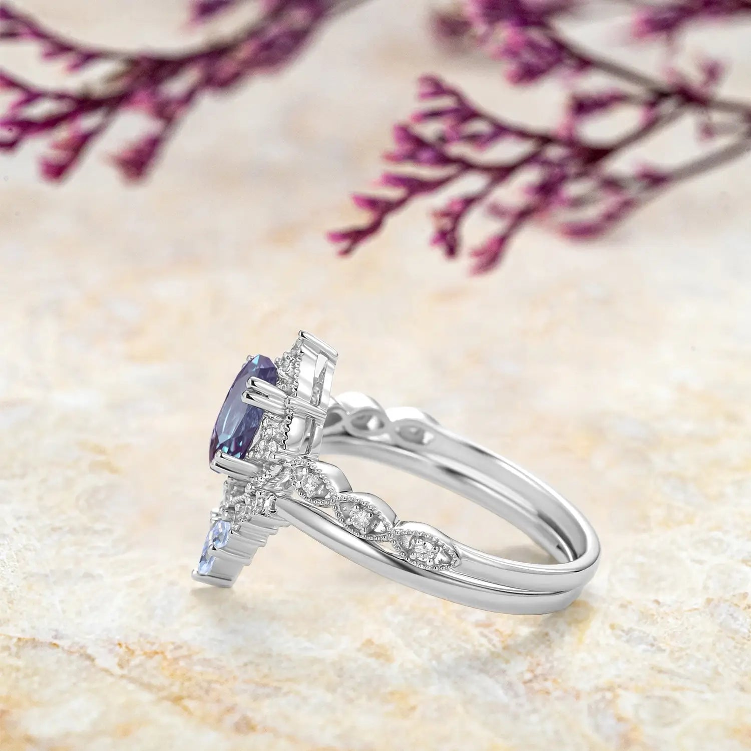 June birthstone alexandrite moonstone bridal ring custom size heirloom white gold ring