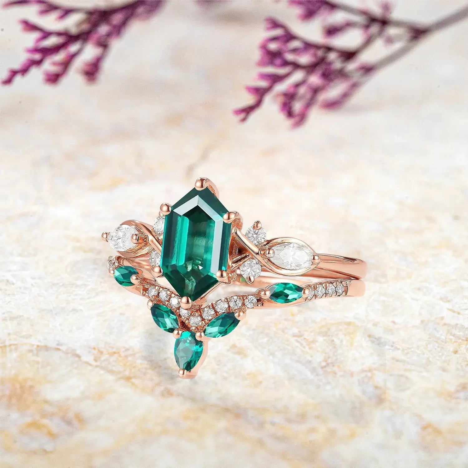 emerald bridal ring set with curved matching band custom gold jewelry orleone