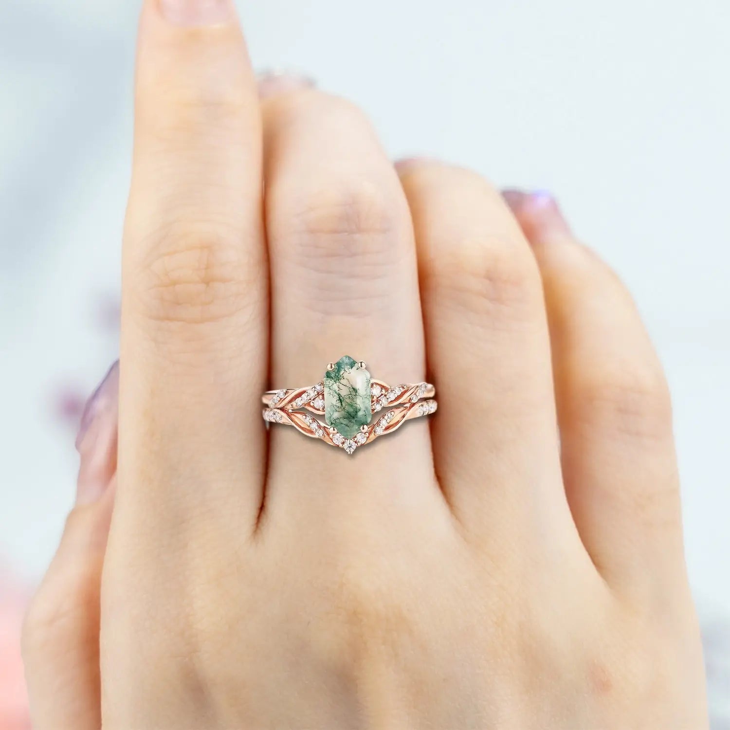 orleone Long hexagon moss agate engagement ring set with twisted vine rings