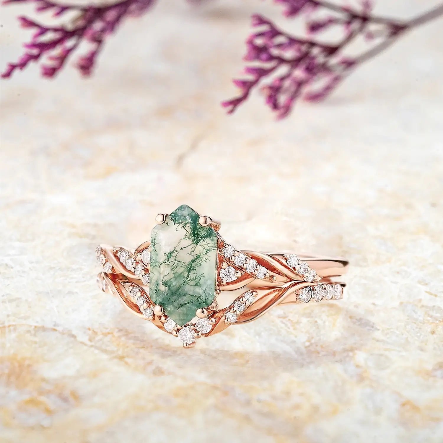 Long hexagon moss agate engagement ring set with twisted vine