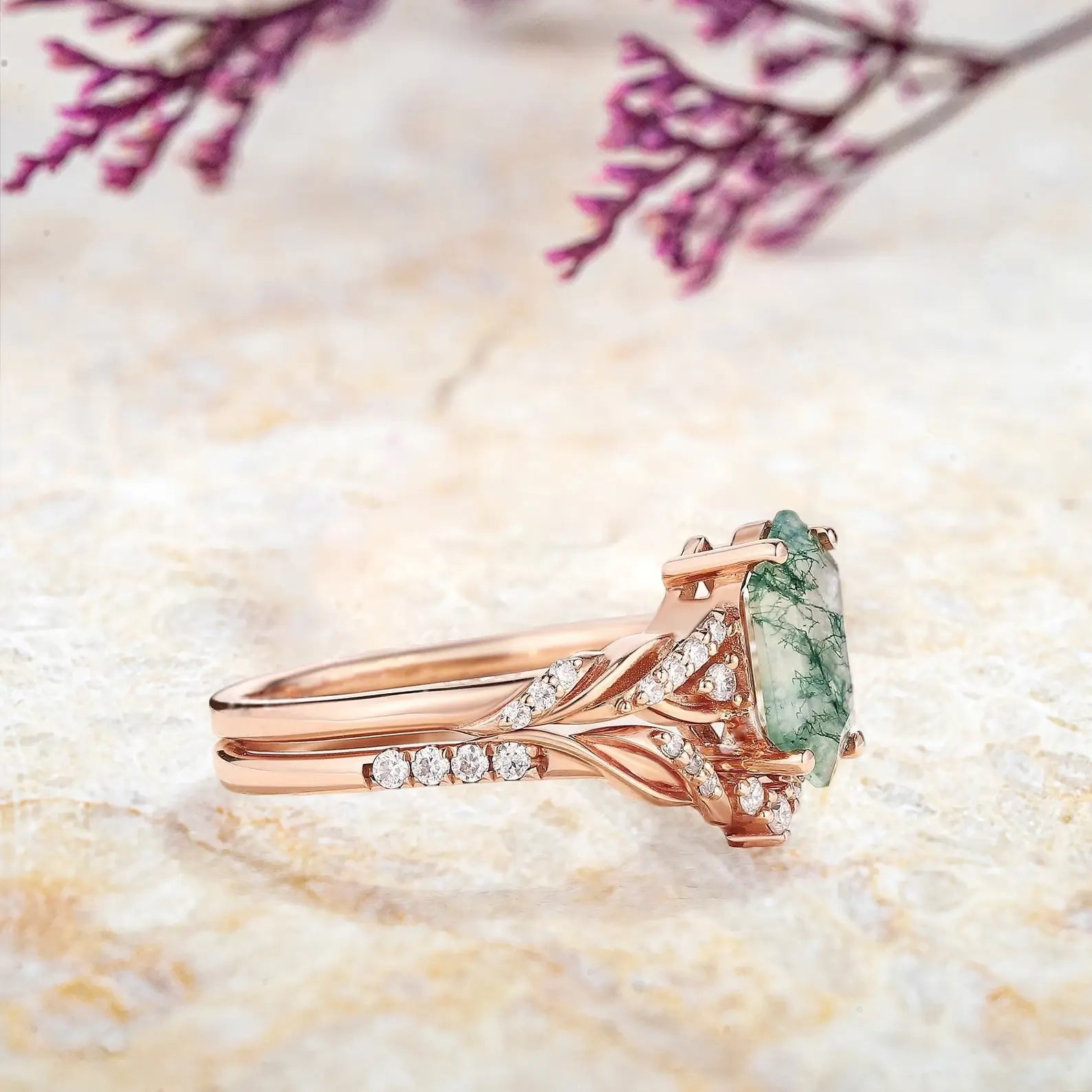 custom rose gold bridal ring set for women leaf ring