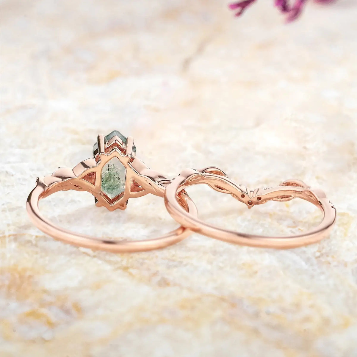 Long Hexagon Moss Agate Engagement Ring Set Twisted Vine Wedding Band – Sylvara