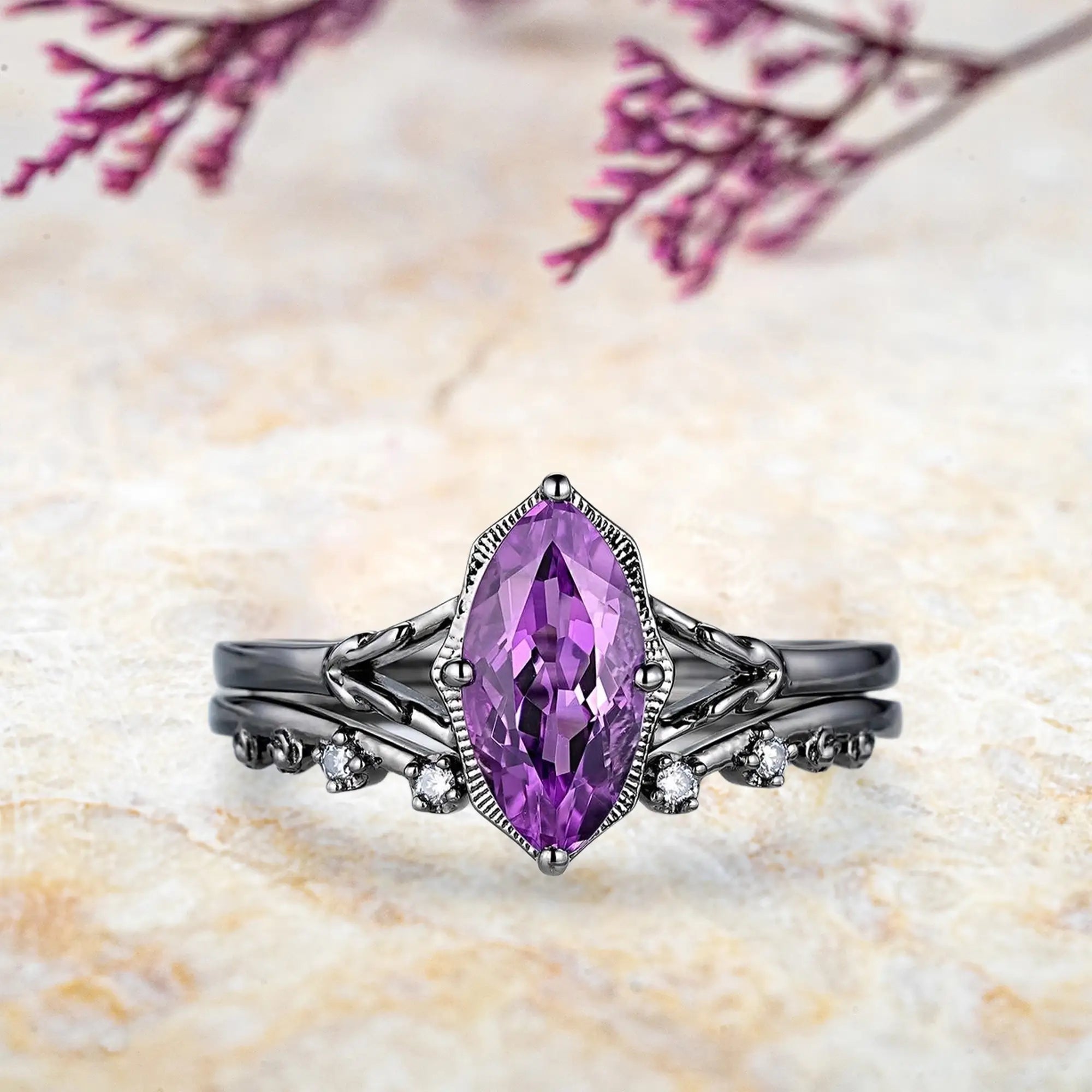 Marquise amethyst engagement ring with vintage milgrain split shank and curved wedding band set in black gold