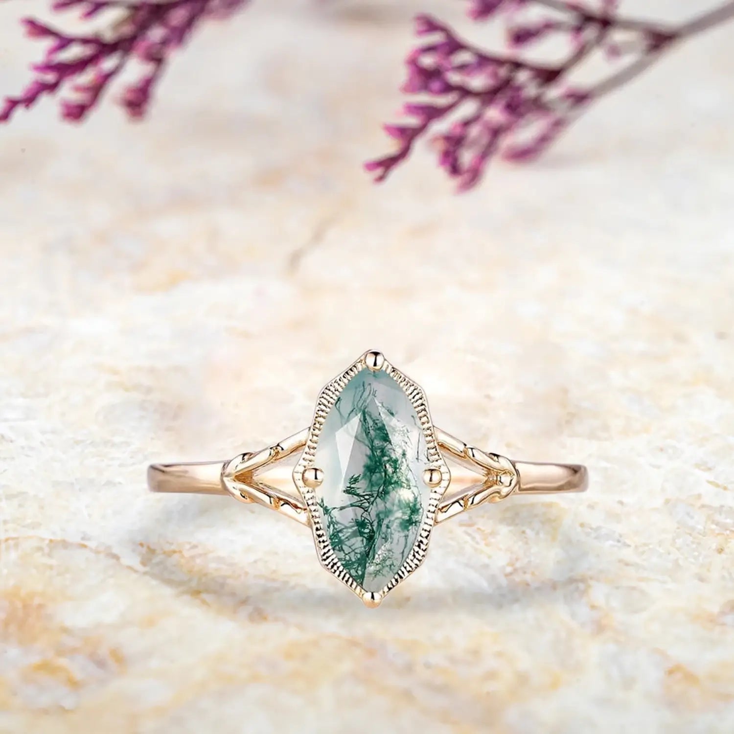 Marquise moss agate engagement ring with vintage milgrain split shank and open curved wedding band in yellow gold