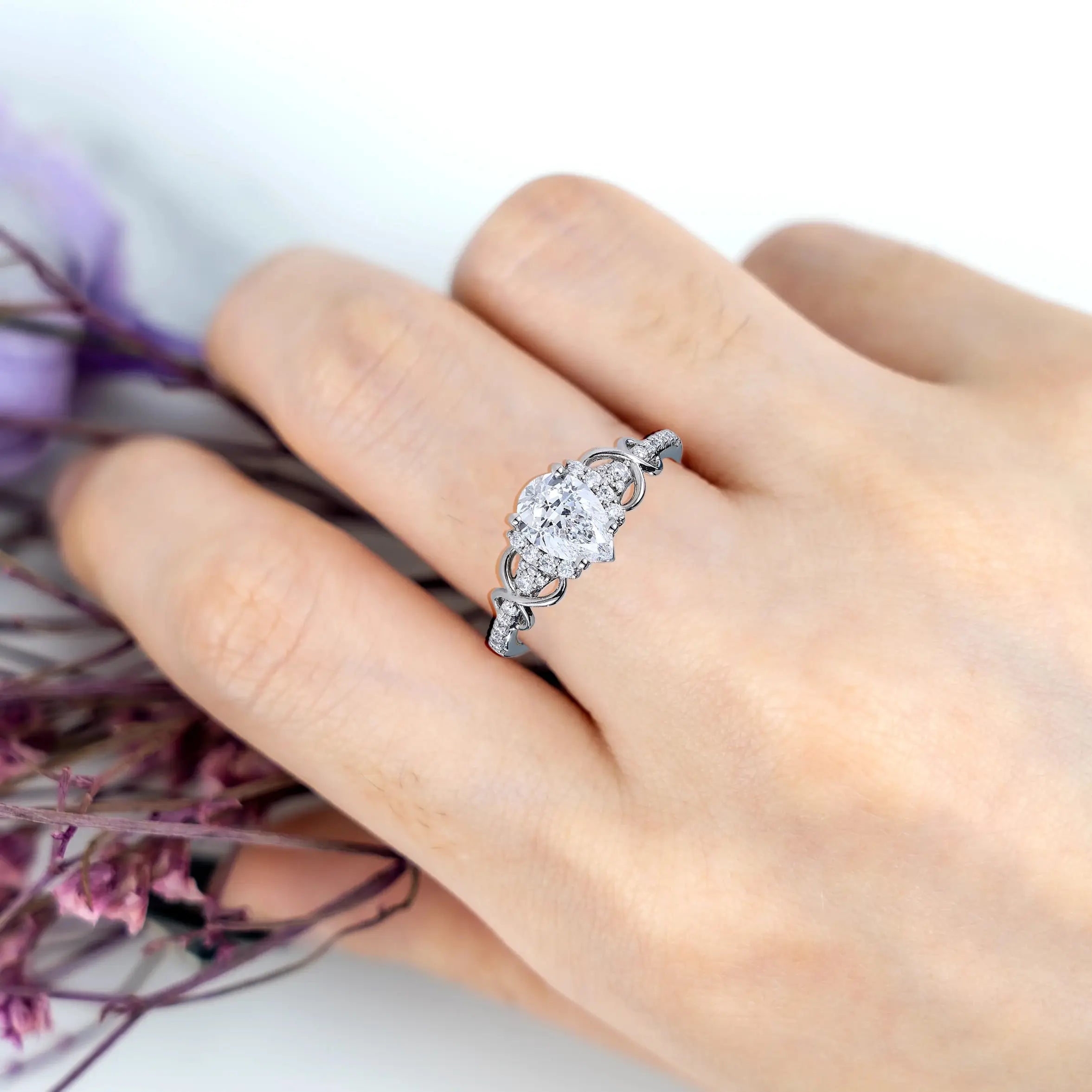 1CT Pear Cut Moissanite Engagement Rings – Art Anniversary Ring for ladies gift 18k white gold