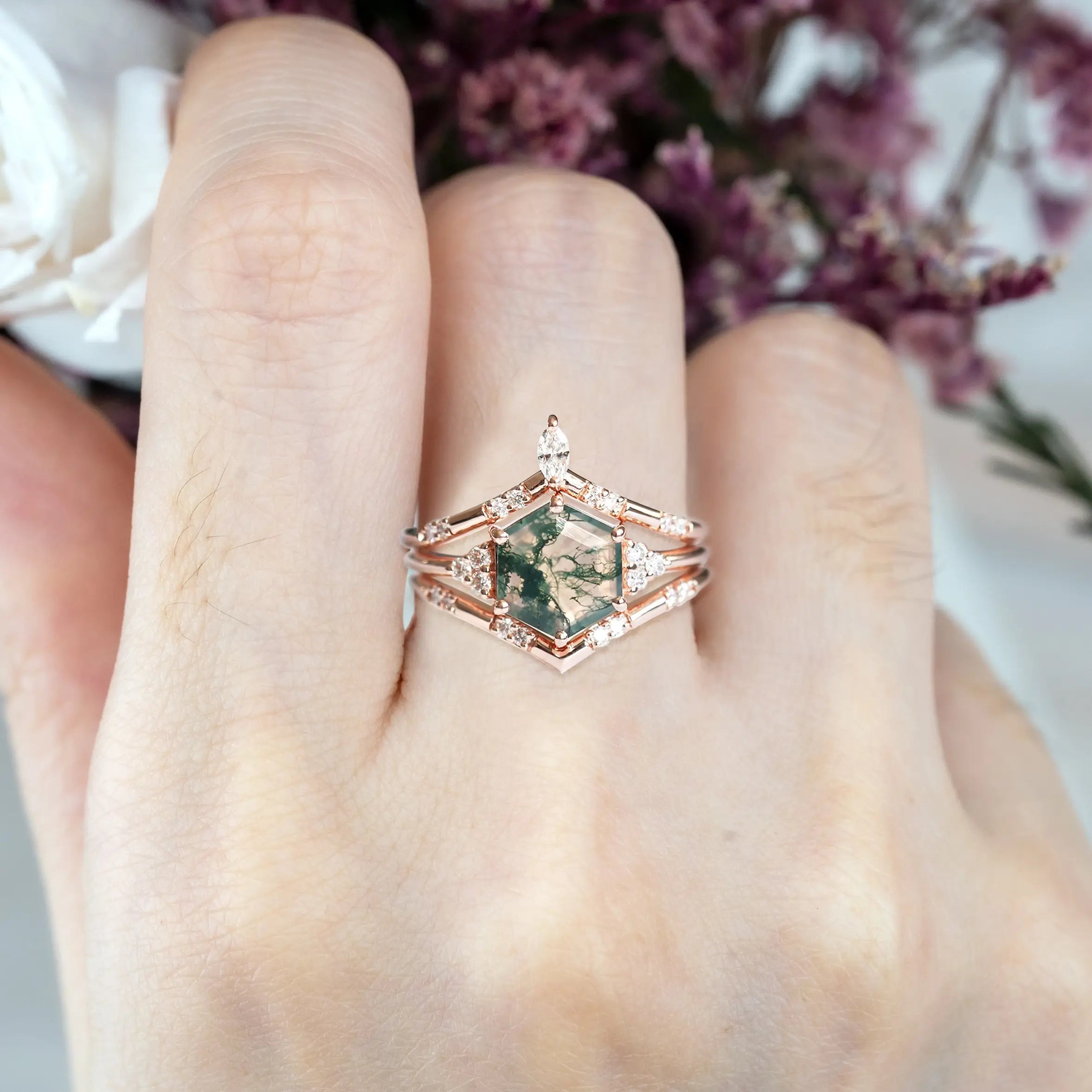 Hexagon Moss Agate Trio Ring Set – Luxurious Cluster Design Promise Gift 18K Rose gold rings