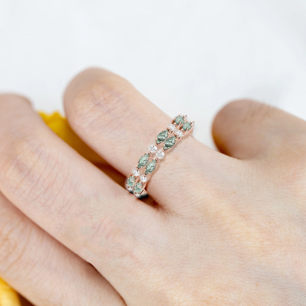 Alliances droites empilables en agate mousse taille marquise, idée cadeau pour femme