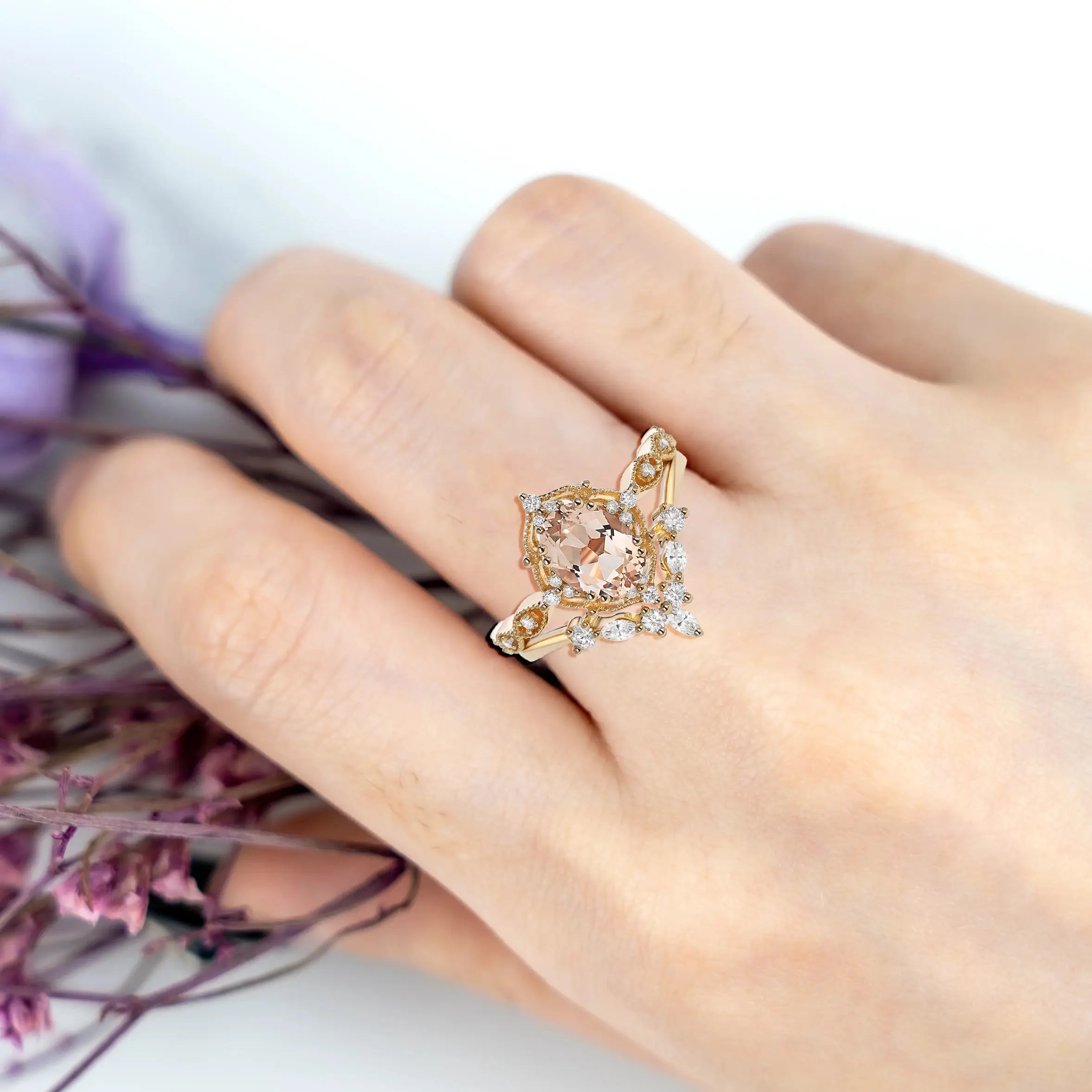 Oval Peach Morganite Engagement Ring Set - Vintage Gold Rings anniversary promise gift for ladies