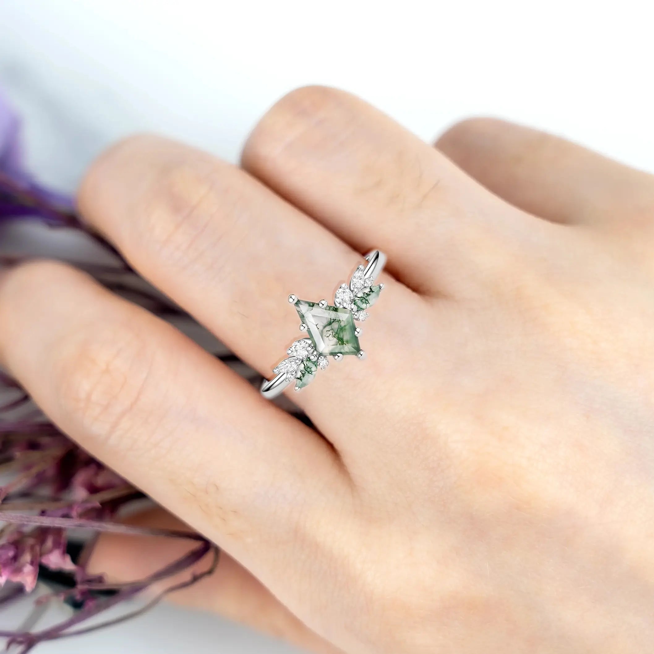 Whispering Willow – Kite Cut Moss Agate Engagement Ring - White Gold