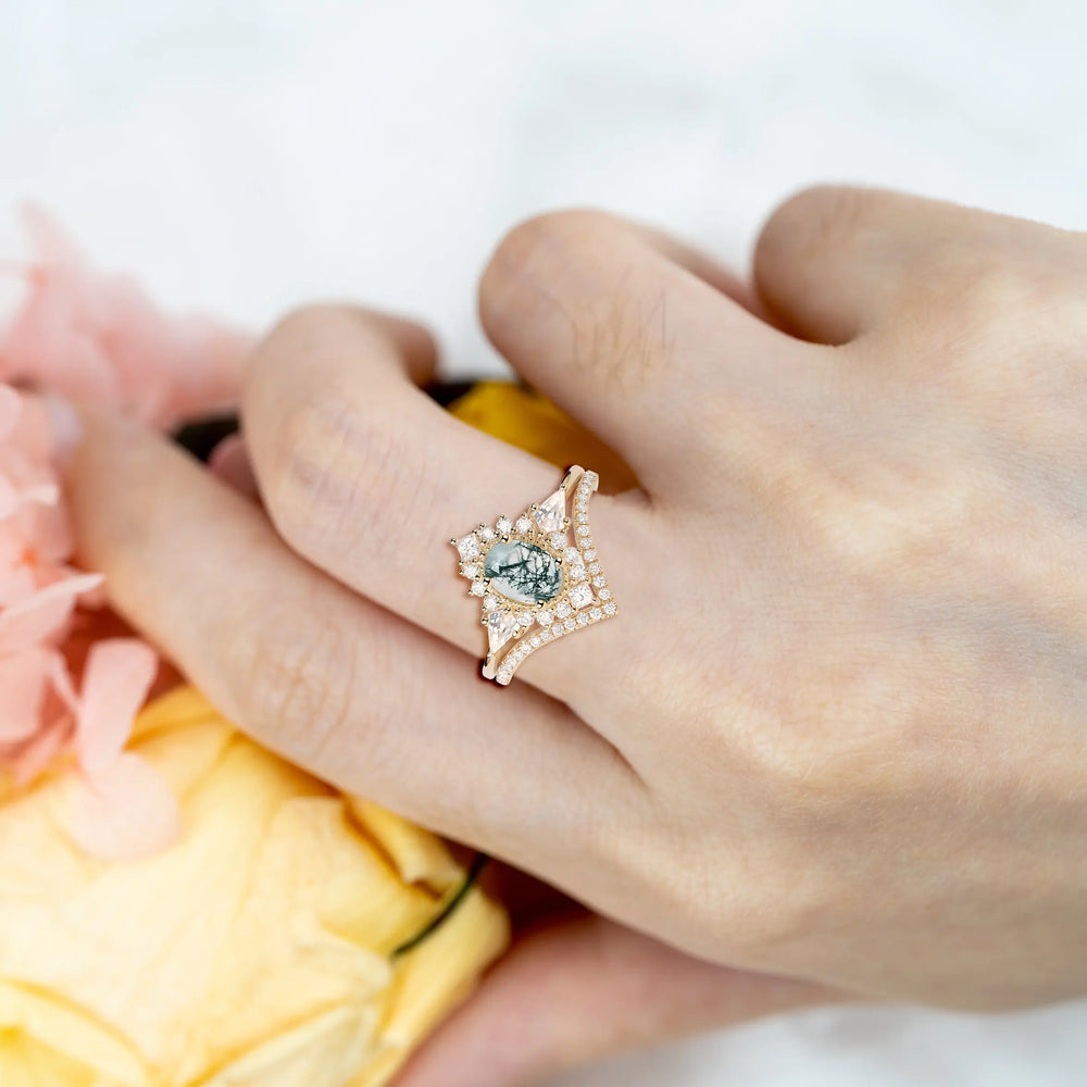 Sylvan Crown – 2pc Moss Agate Oval Halo Ring Bridal Set , custom gold engagement rings for ladies