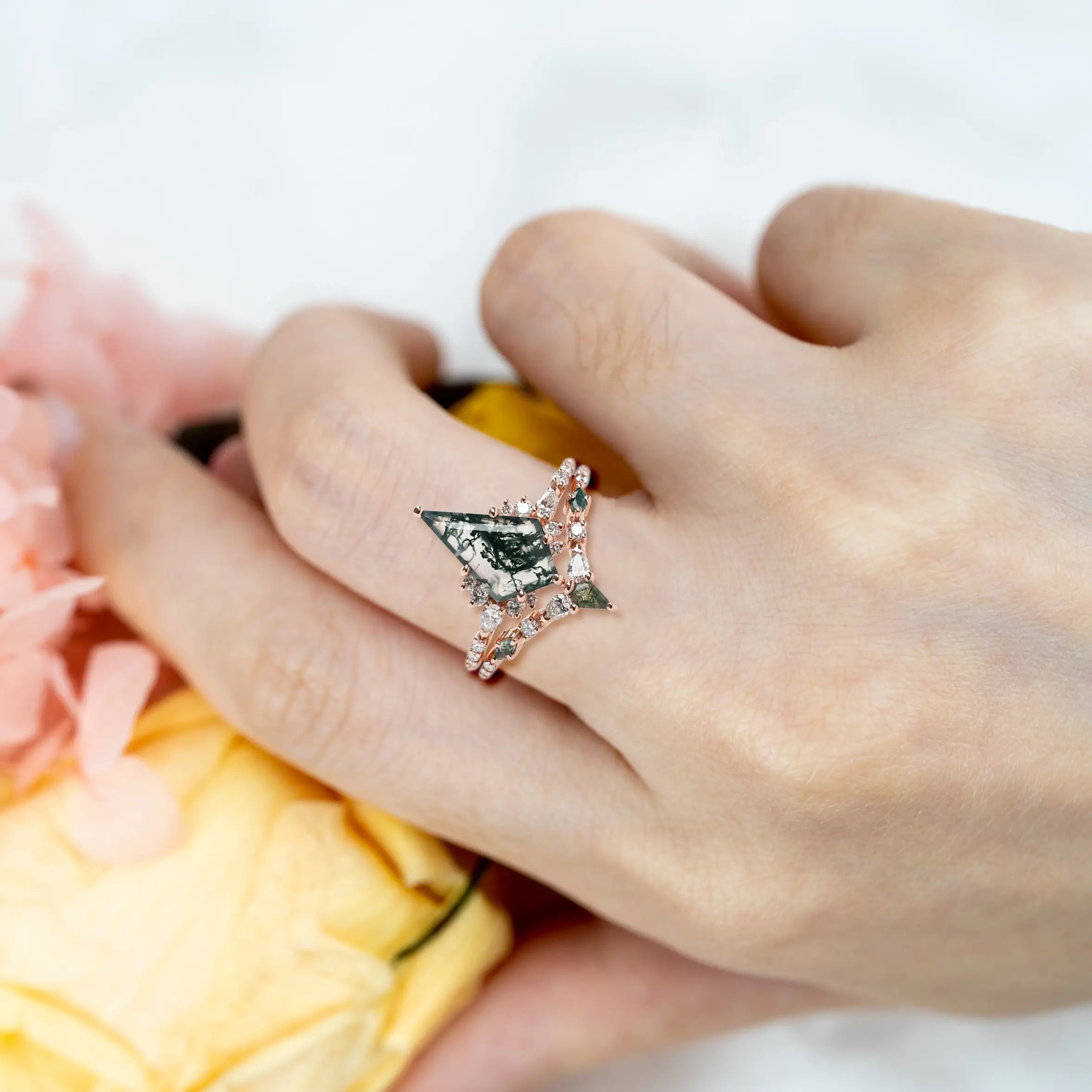Custom Kite Cut Moss Agate Rings – Unique Geometric Engagement Ring Set Luxury Rings For women anniversary gift