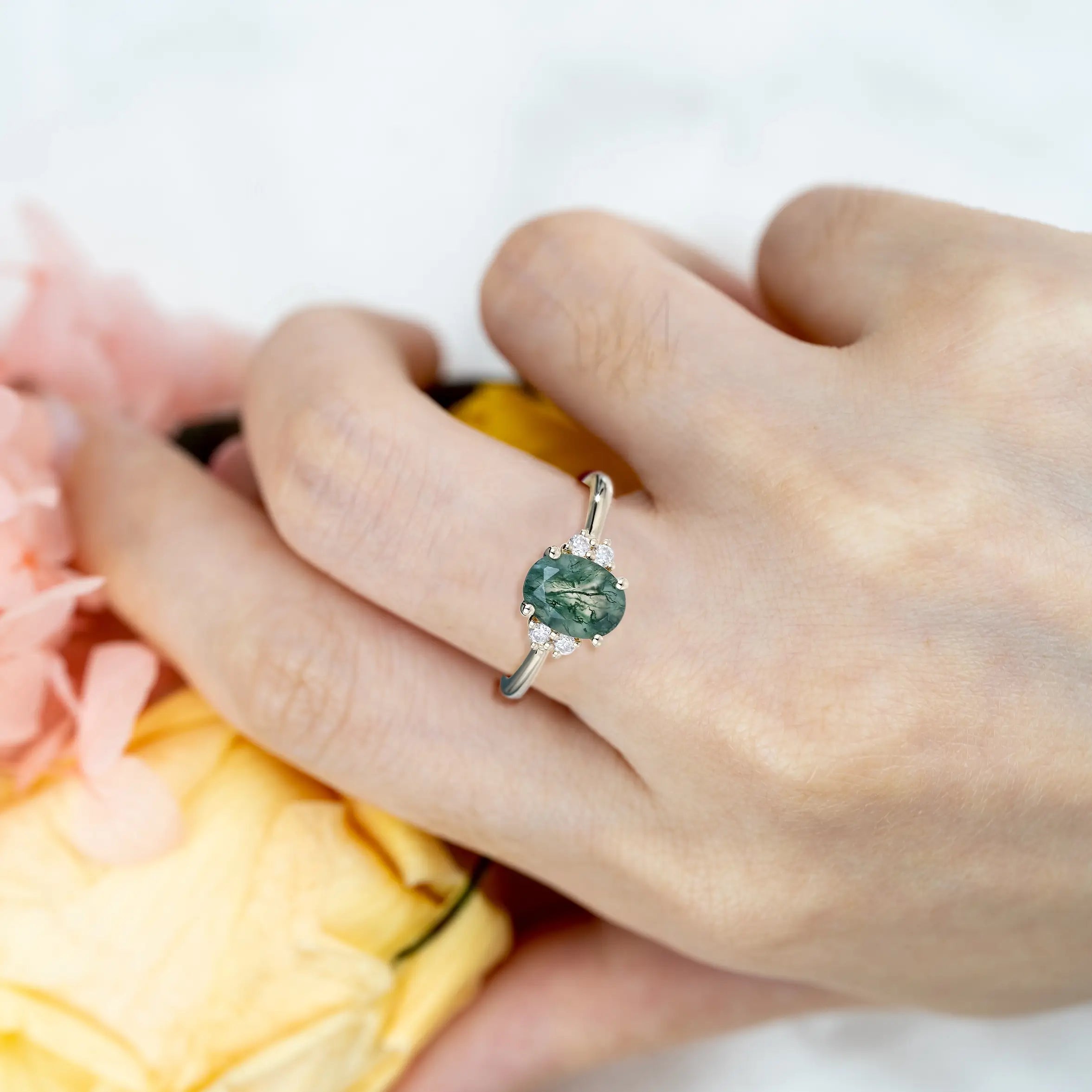 custom Rose gold Oval Moss Agate Engagement Ring with Moissanite Accents Minimalist Cluster Rings for women