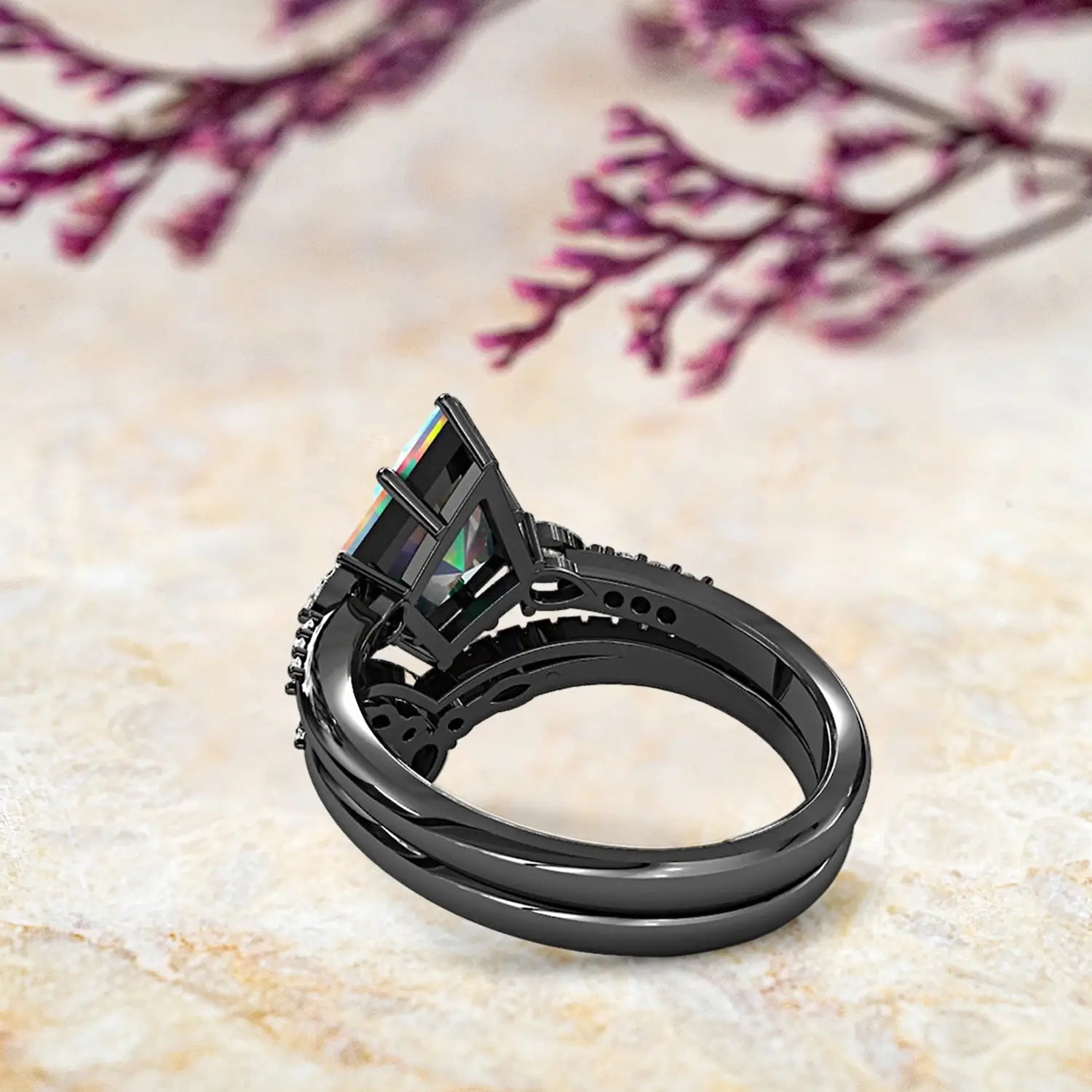 Back view of luxury opal engagement ring set showing modern art deco design and double chevron wedding bands craftsmanship