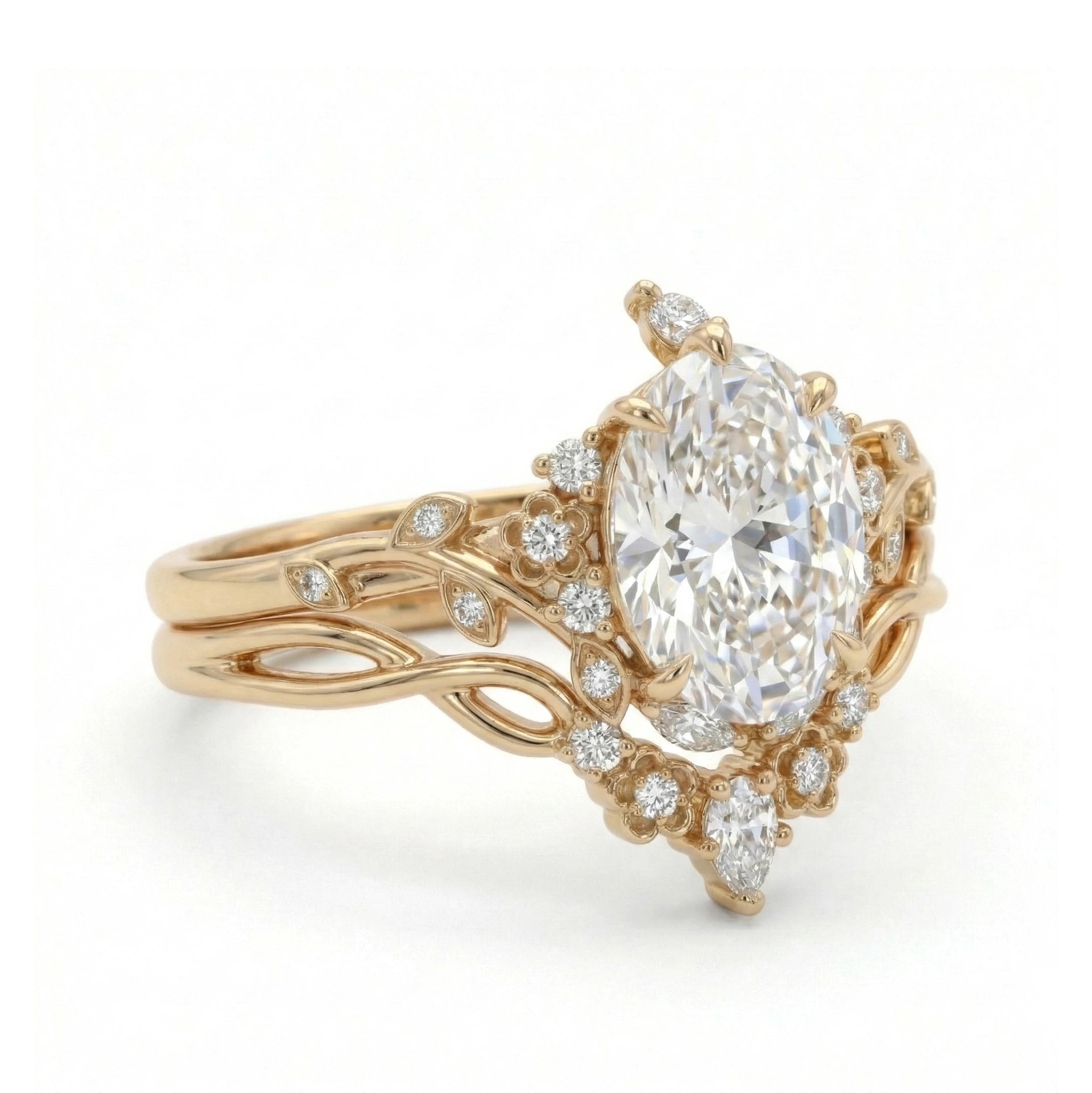 side view of oval moissanite flower engagement ring