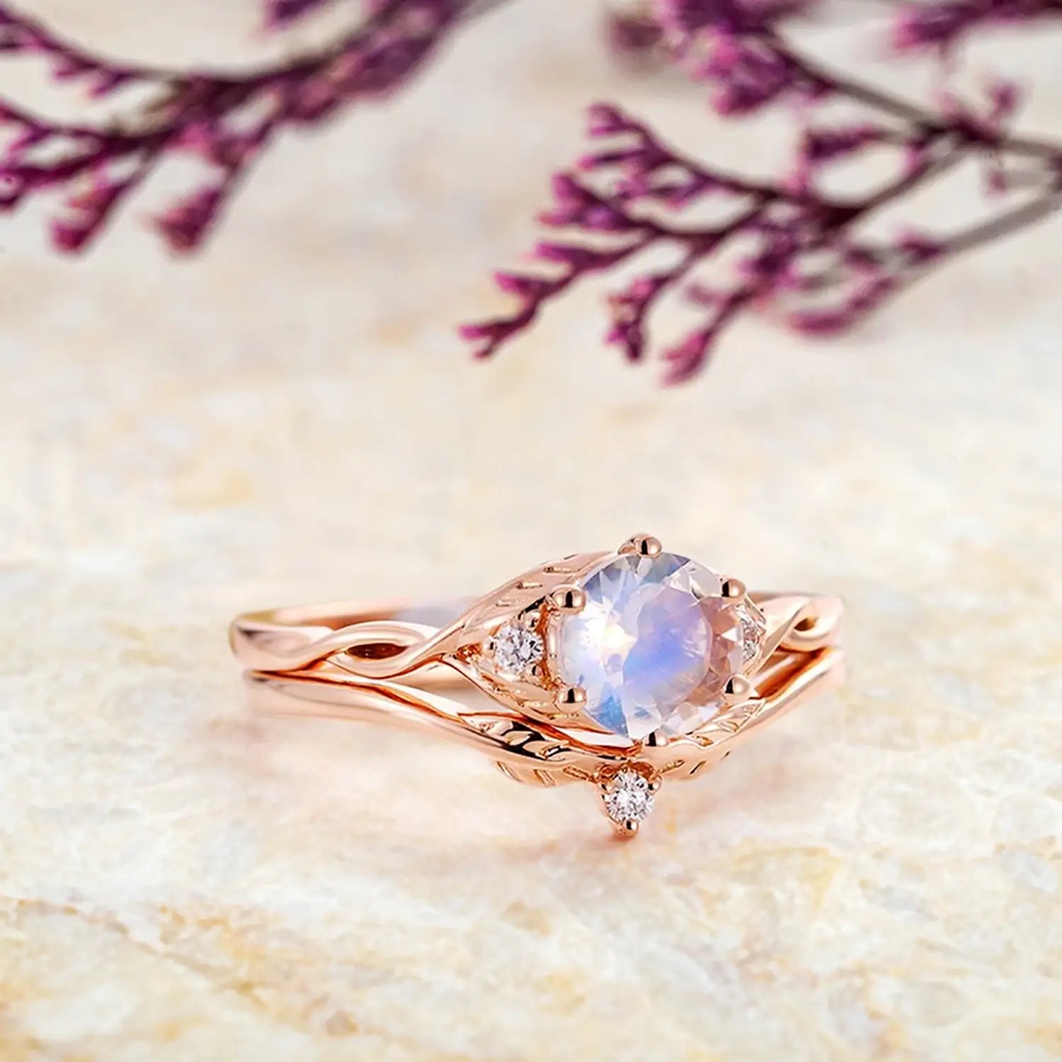 round-moonstone-engagement-ring-set-rose-gold-twisted-infinity-leaf-band-orleone jewelry