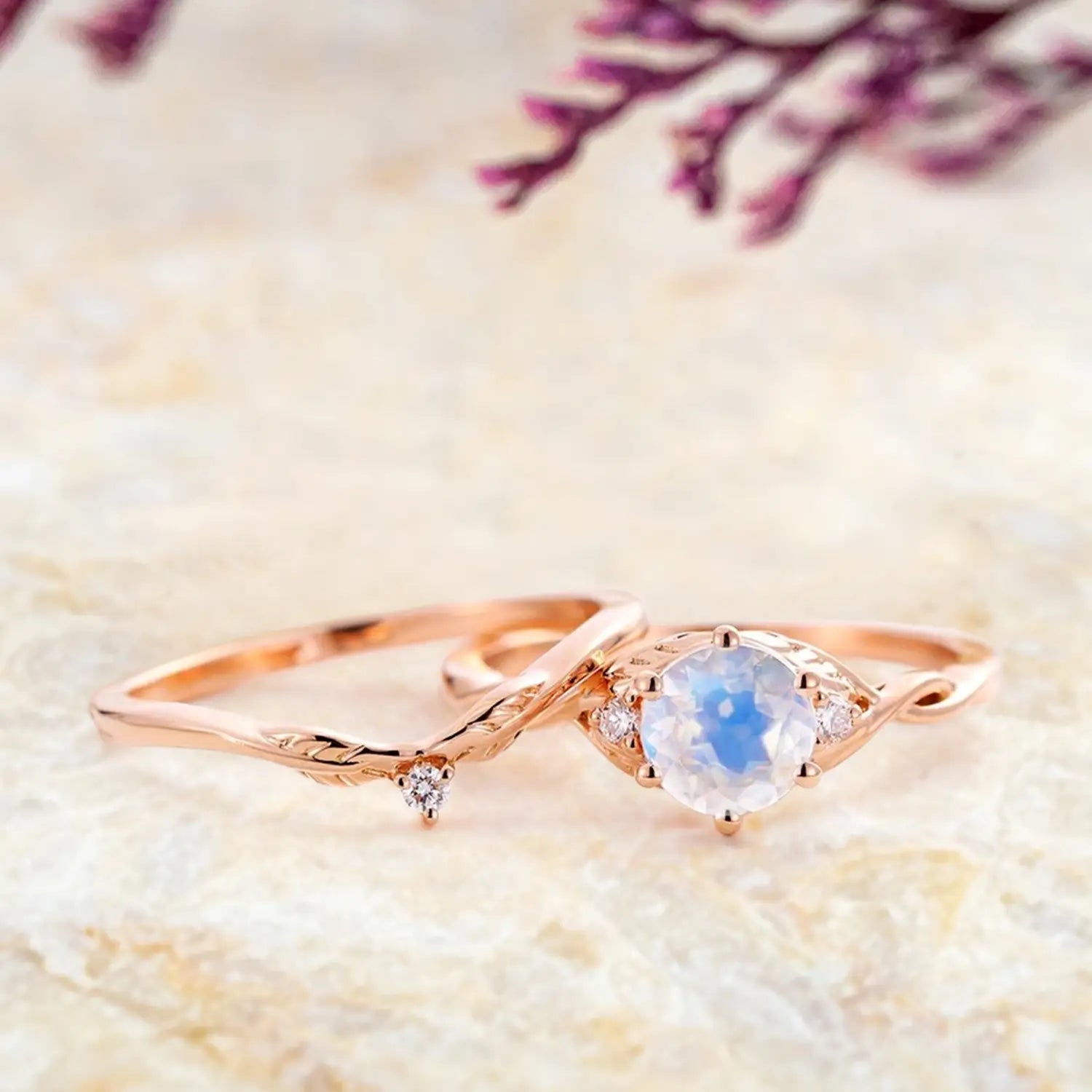 round-moonstone-engagement-ring-set-rose-gold-twisted-infinity-leaf-band-orleone