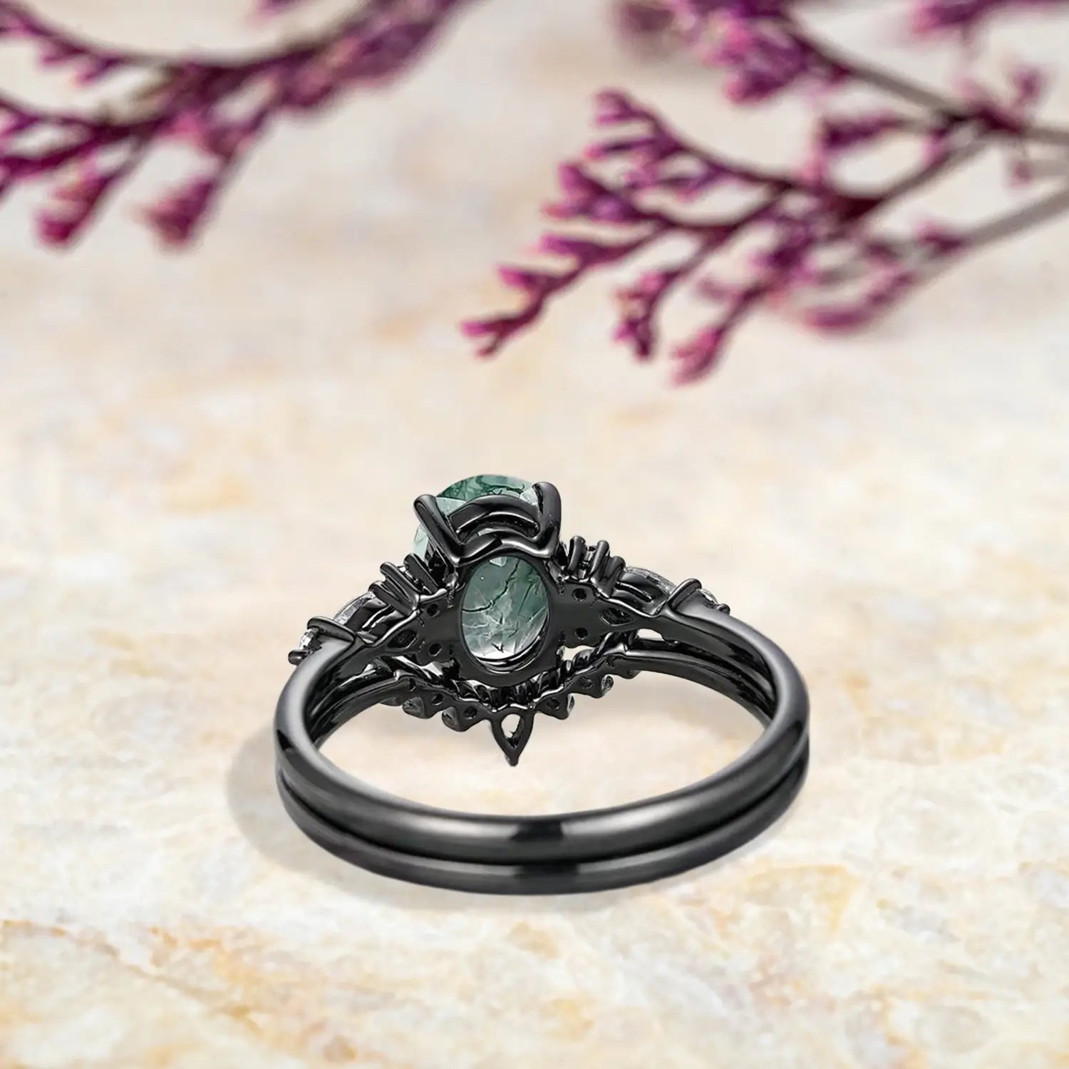 Back view of moss agate wedding set showing curved band and ring profile