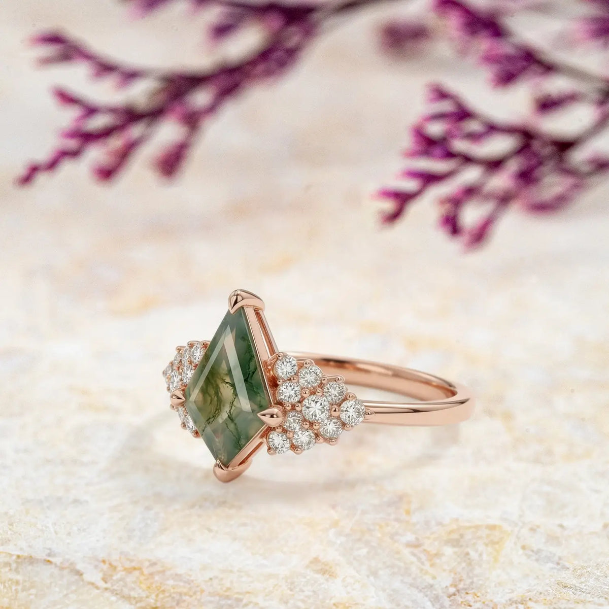 statement moss agate ring modern cluster engagement ring