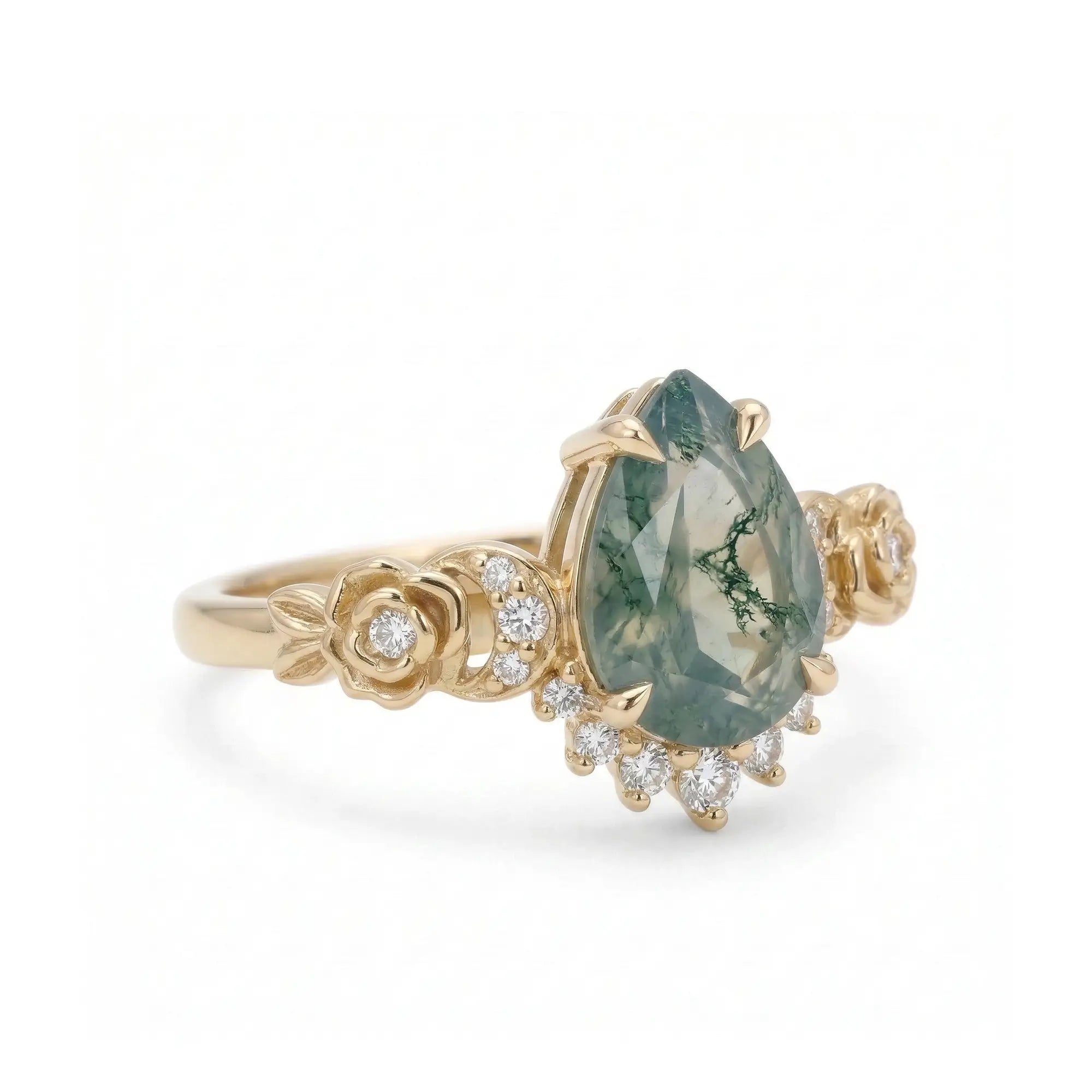 pear moss agate rose flower engagement ring with gold floral band and sparkling moissanite cluster