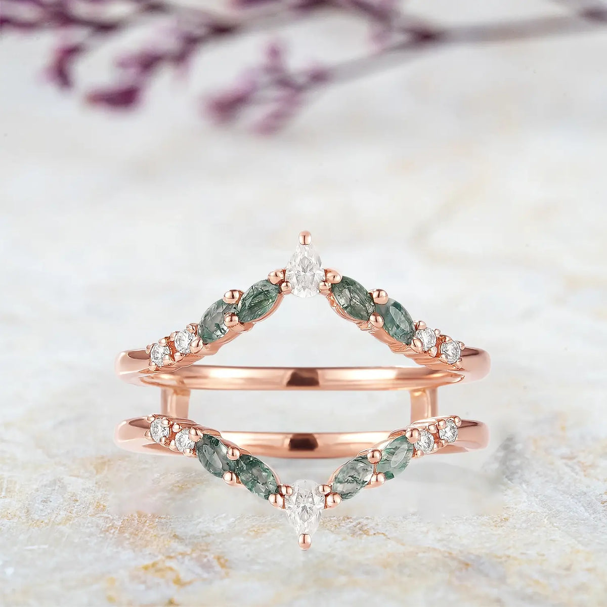 Moss Agate Moissanite Enhancer Double Wedding Band