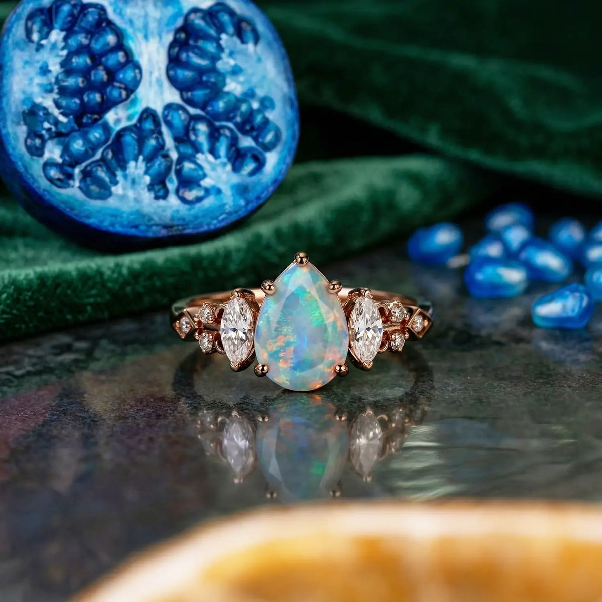 Pear Cut Opal Engagement Ring Marquise Moissanite Vintage Ring