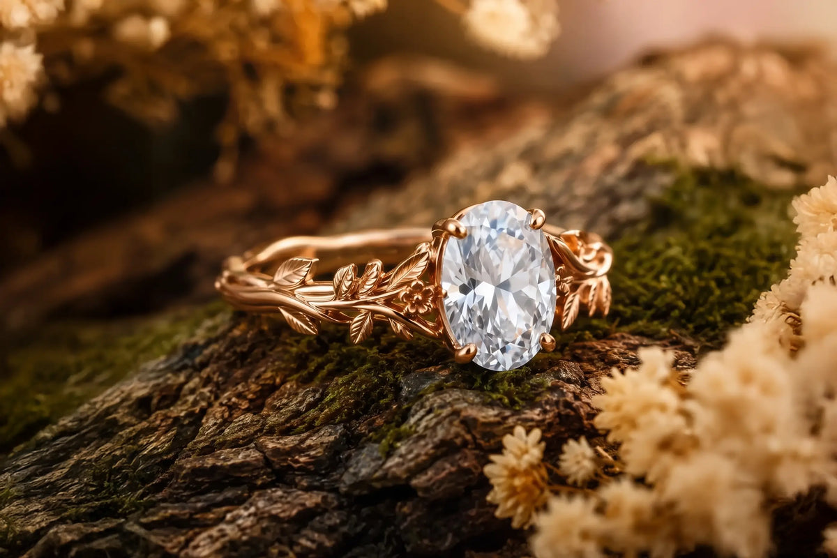 Nature inspired moissanite engagement ring with leaf and botanical details in handcrafted gold