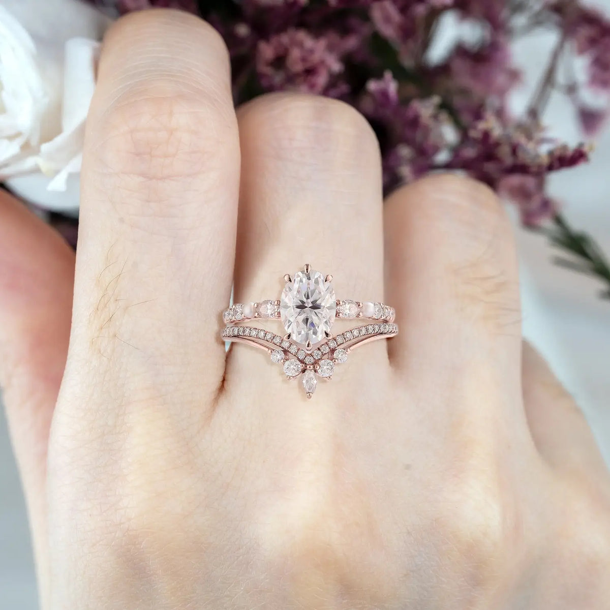 Oval Moissanite Rings Bridal Set – Pearl Luxurious Rose Gold Love Ring for women anniversary gift