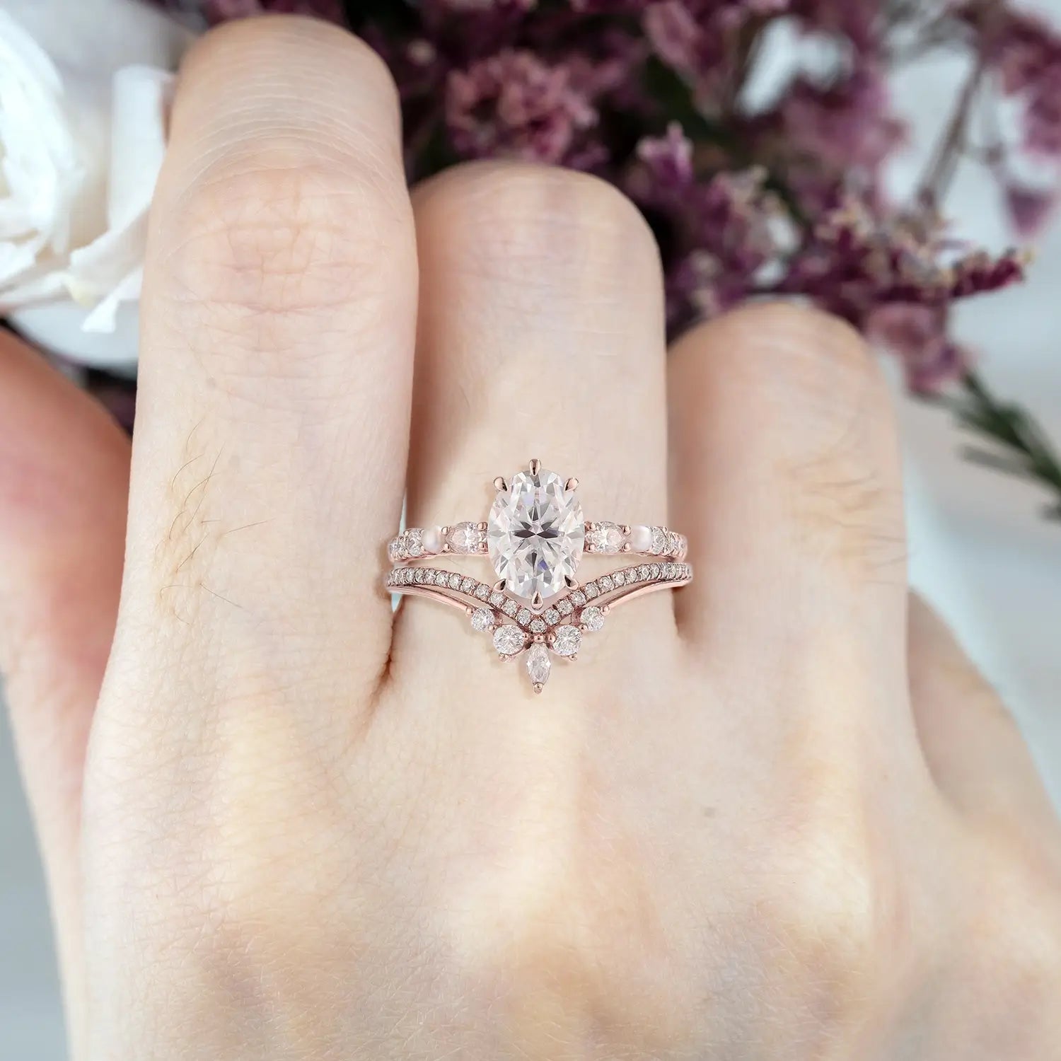 Oval Moissanite Rings Bridal Set – Pearl Luxurious Rose Gold Love Ring for women anniversary gift