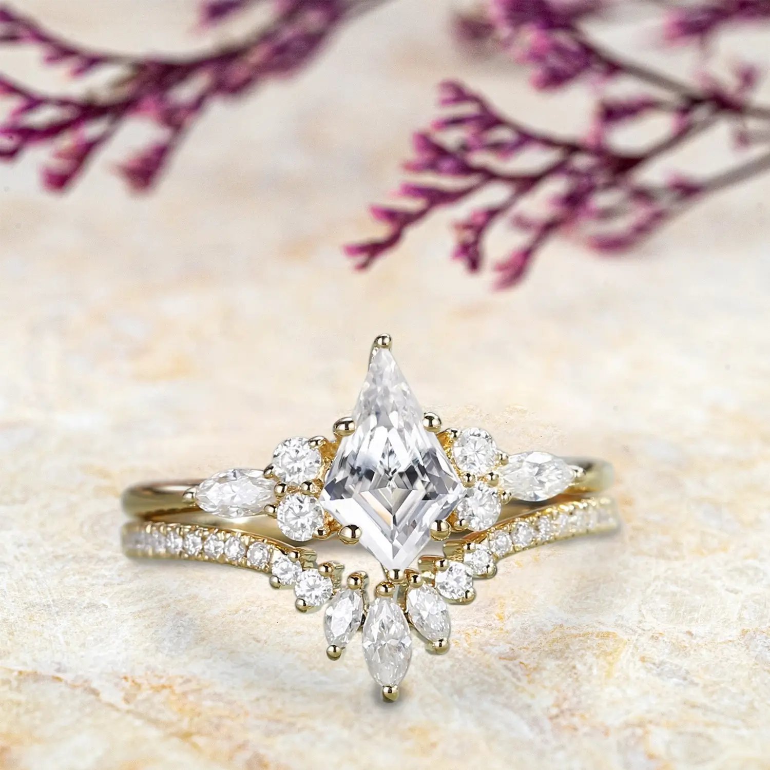 Kite Cut Moissanite Engagement Ring Set – Unique Luxurious 18K rose Gold Ring modern Bridal Sets