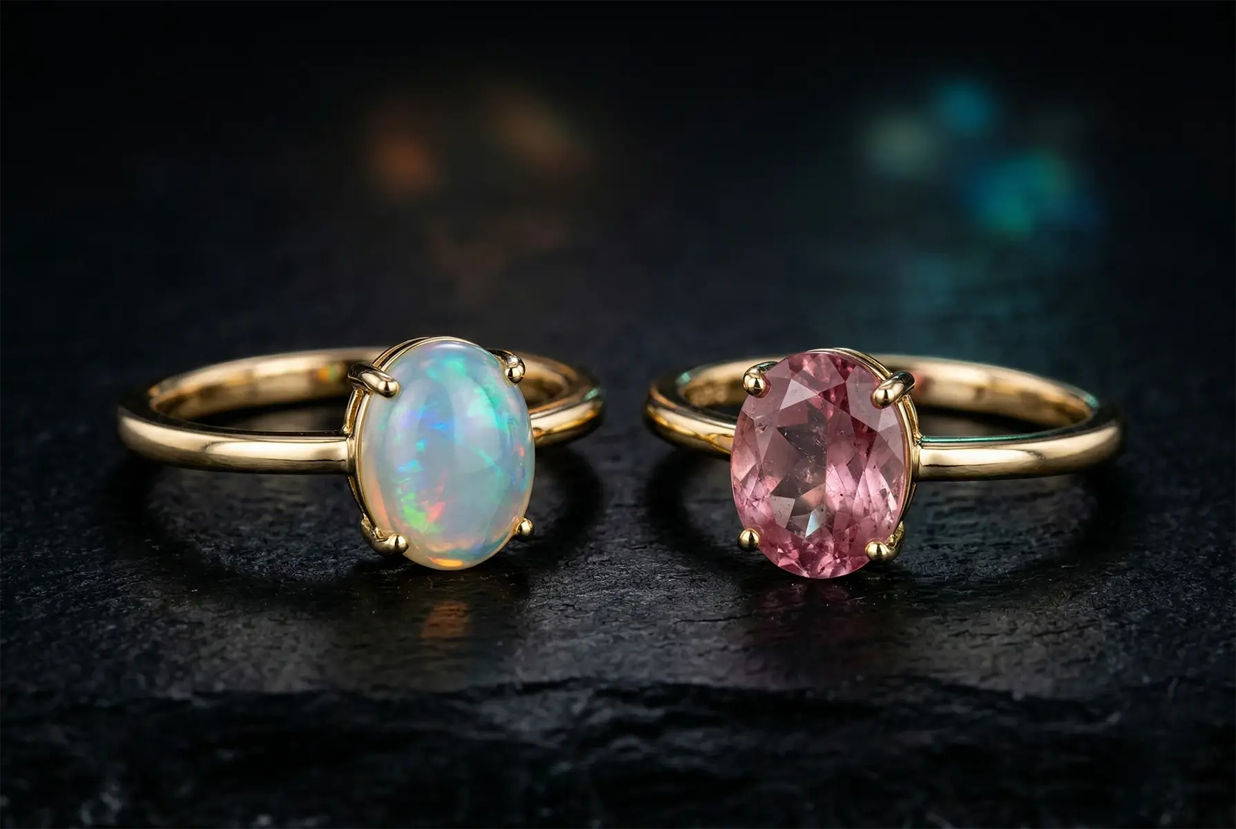 October birthstone engagement ring with opal and tourmaline gemstone
