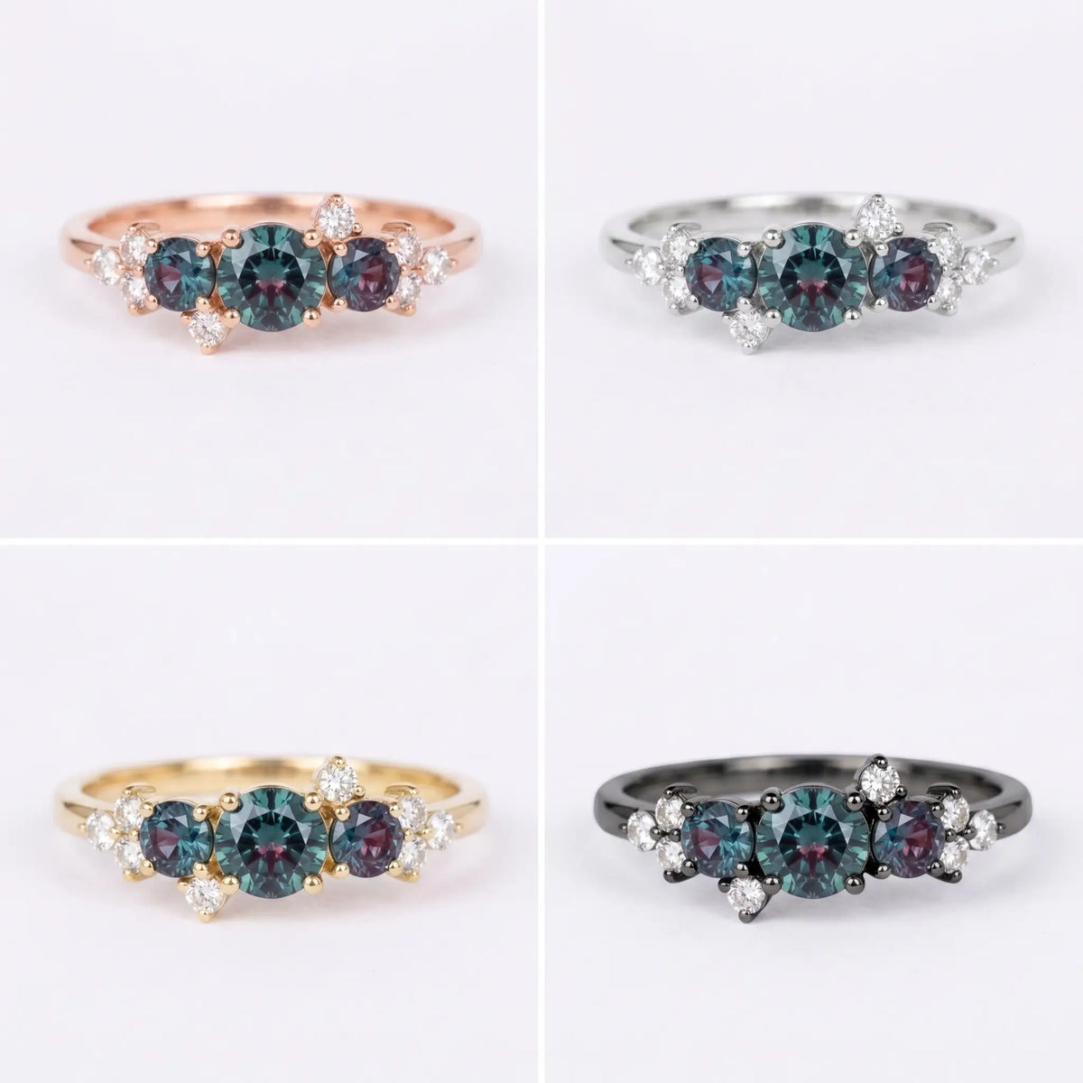 Front view matrix of Aeloria alexandrite ring in black gold, rose gold, yellow gold, and white gold