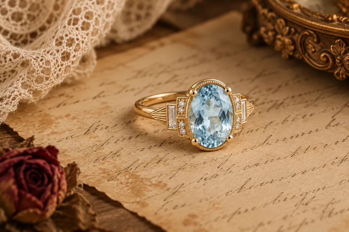 Single oval aquamarine engagement ring in yellow gold on an antique letter, framed by ivory lace and a dried burgundy rose