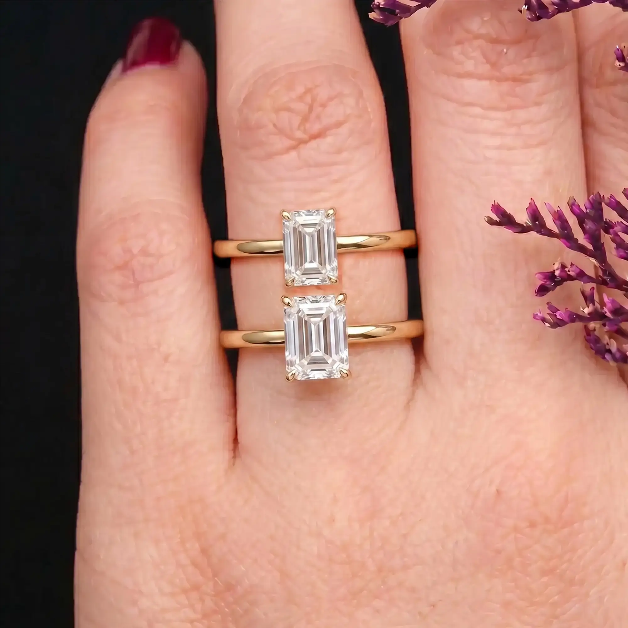 Classic Emerald Cut Moissanite Hidden Halo Engagement Solitaire Ring | Aurelia