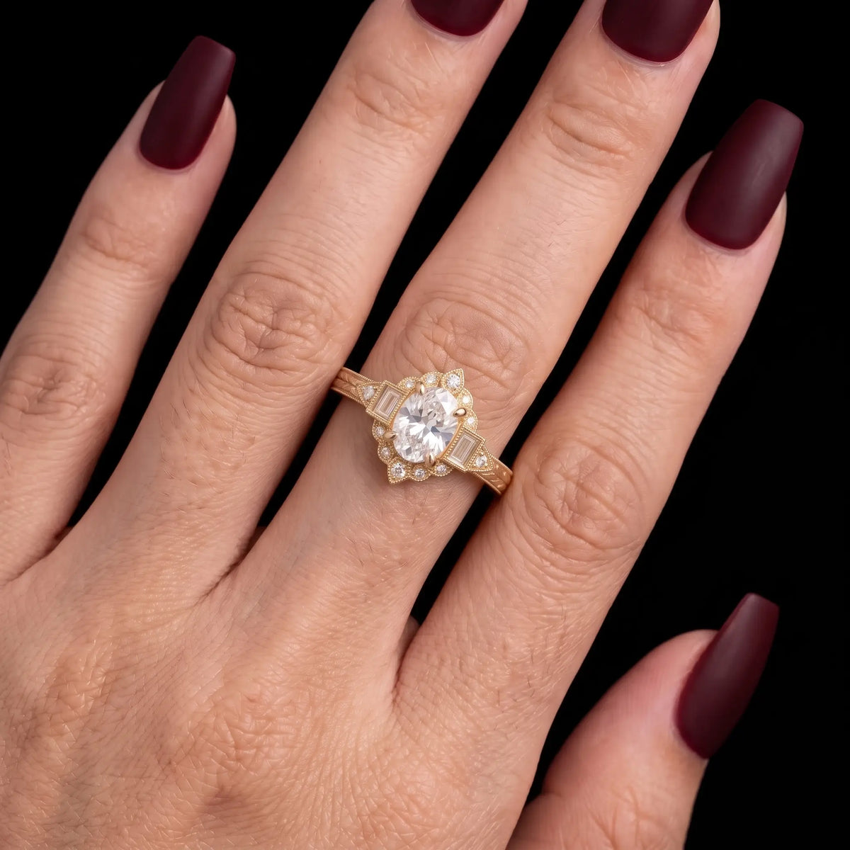 Detail of rectangular step cut moissanite side accent on vintage Art Deco ring for ladies