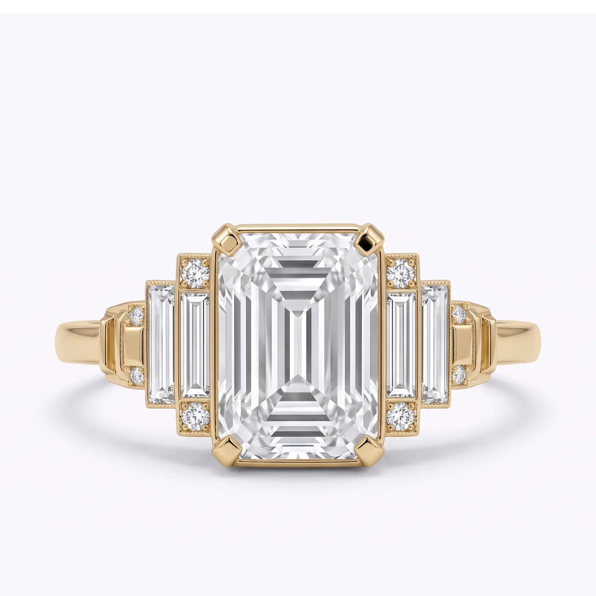 Vintage emerald cut moissanite Art Deco cluster engagement ring with rectangular and round moissanite accents in yellow gold