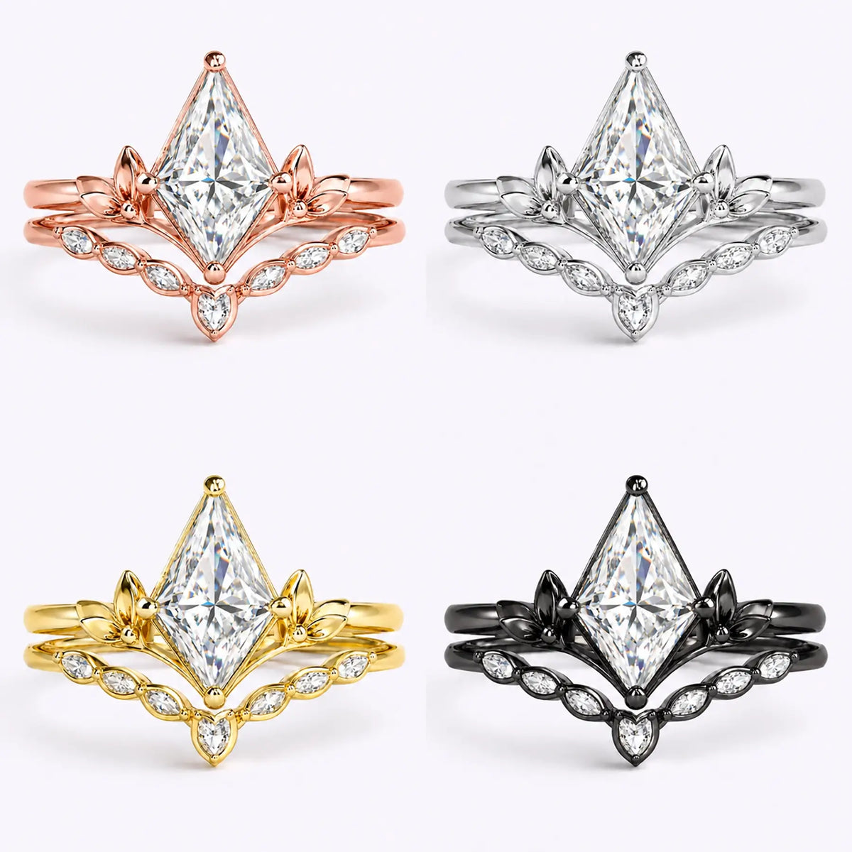 Kite moissanite bridal ring set shown in black gold, white gold, rose gold, and yellow gold