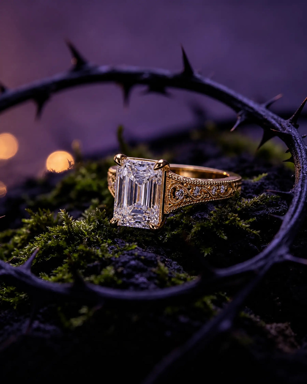 Edwardian lab diamond engagement ring styled in an elegant heirloom jewelry scene