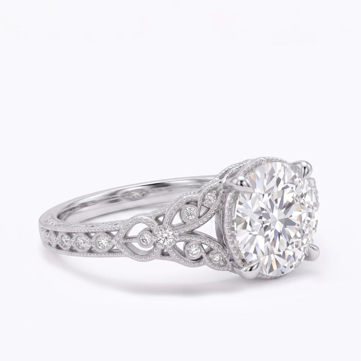 Edwardian style moissanite ring with marquise openwork shoulders